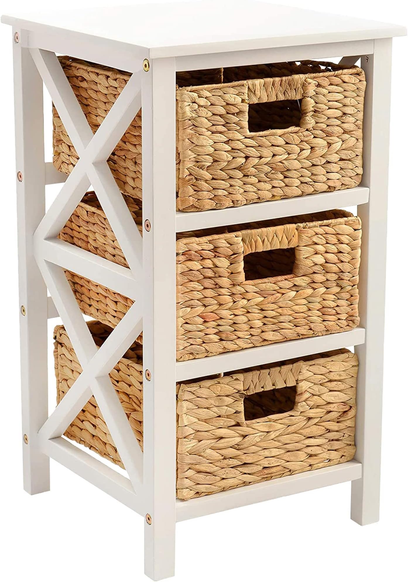 eHemco 3 Tier X-Side End Storage Cabinet with 3 Wicker Baskets, White, CS5194