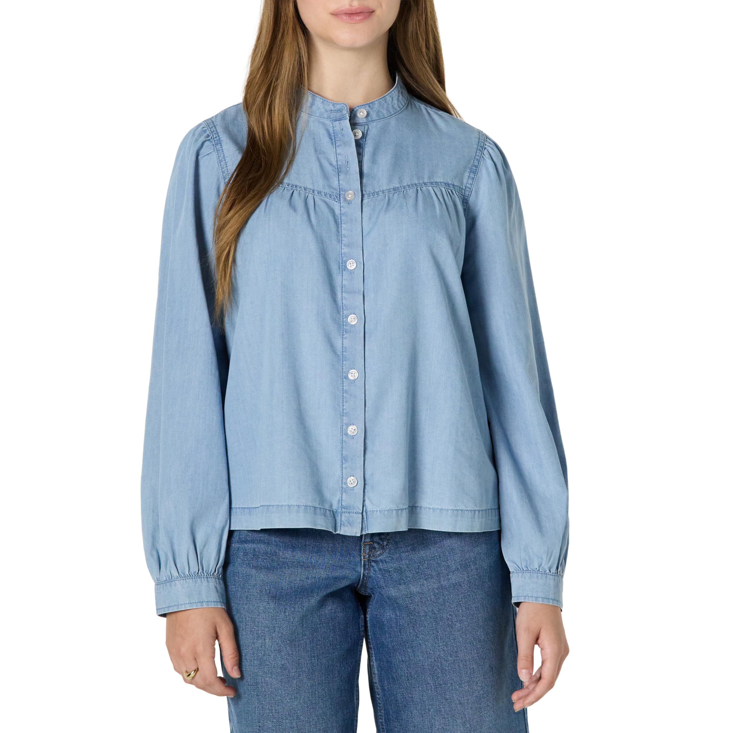Amazon Essentials Women's Relaxed-Fit Denim Shirt Long-Sleeve Button-Front Chambray Blouse, Iced Blue Light Wash, X-Large