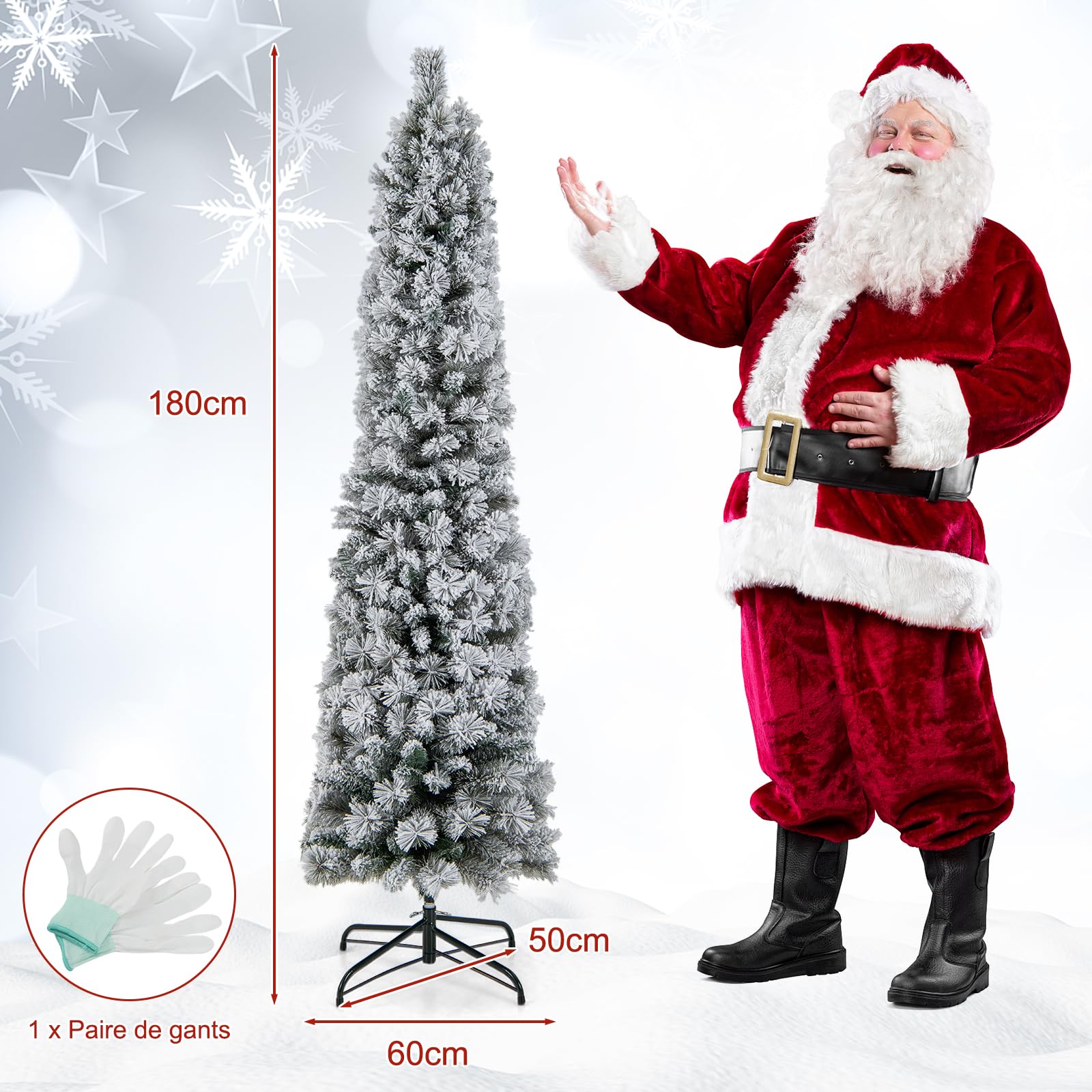 COSTWAY Sapin de Noël Artificiel 180 cm Lumineux LED, en Forme de Crayon, Floqué de Neige, 150 Lumières Blanches Chaudes, 373 Pointes de Branches, Aiguilles de Pin, pour Maison, Bureau
