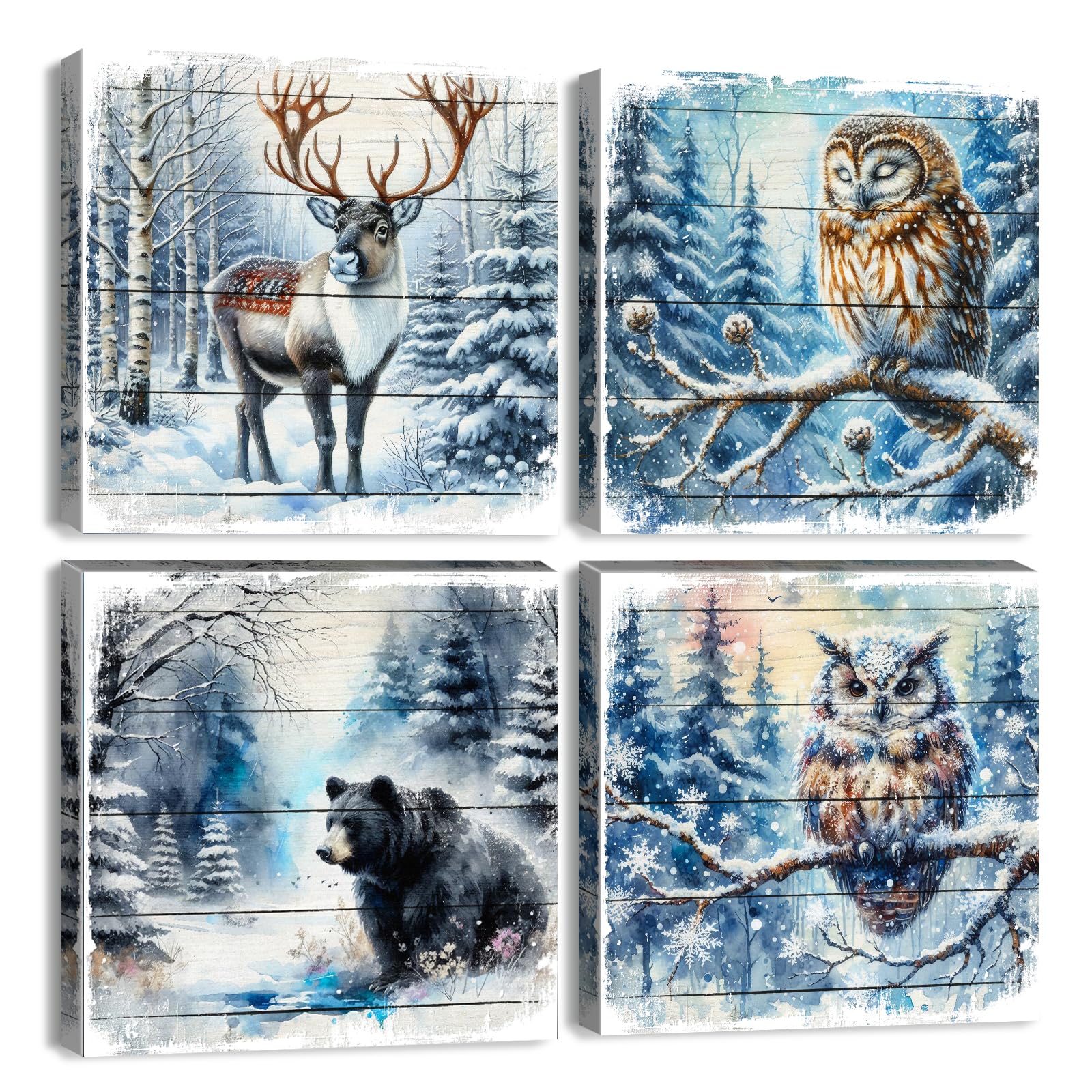 Winter Pictures Wall Decor Deer Wall Art Snow Forest Bear Pictures White Winter Canvas Prints Wildlife Animal Paintings Elk Owl Bear Posters Artwork for Living Room Kitchen Home Decoration 12x12" 4Pcs
