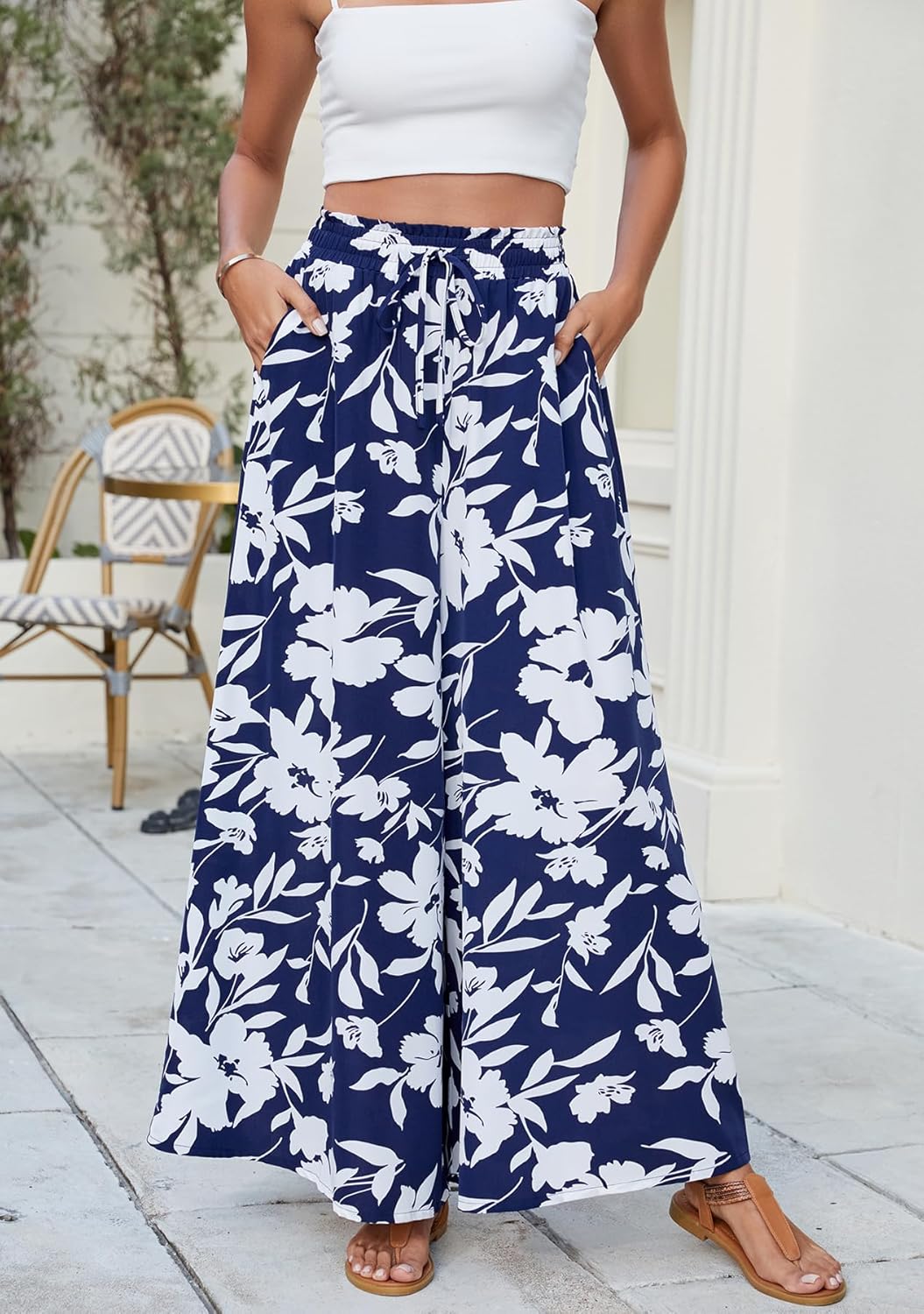 SimpleFun Women's Palazzo Pants Boho Floral Wide Leg Trousers Summer Beach High Waisted Flowy Pants with Pockets - Image 2