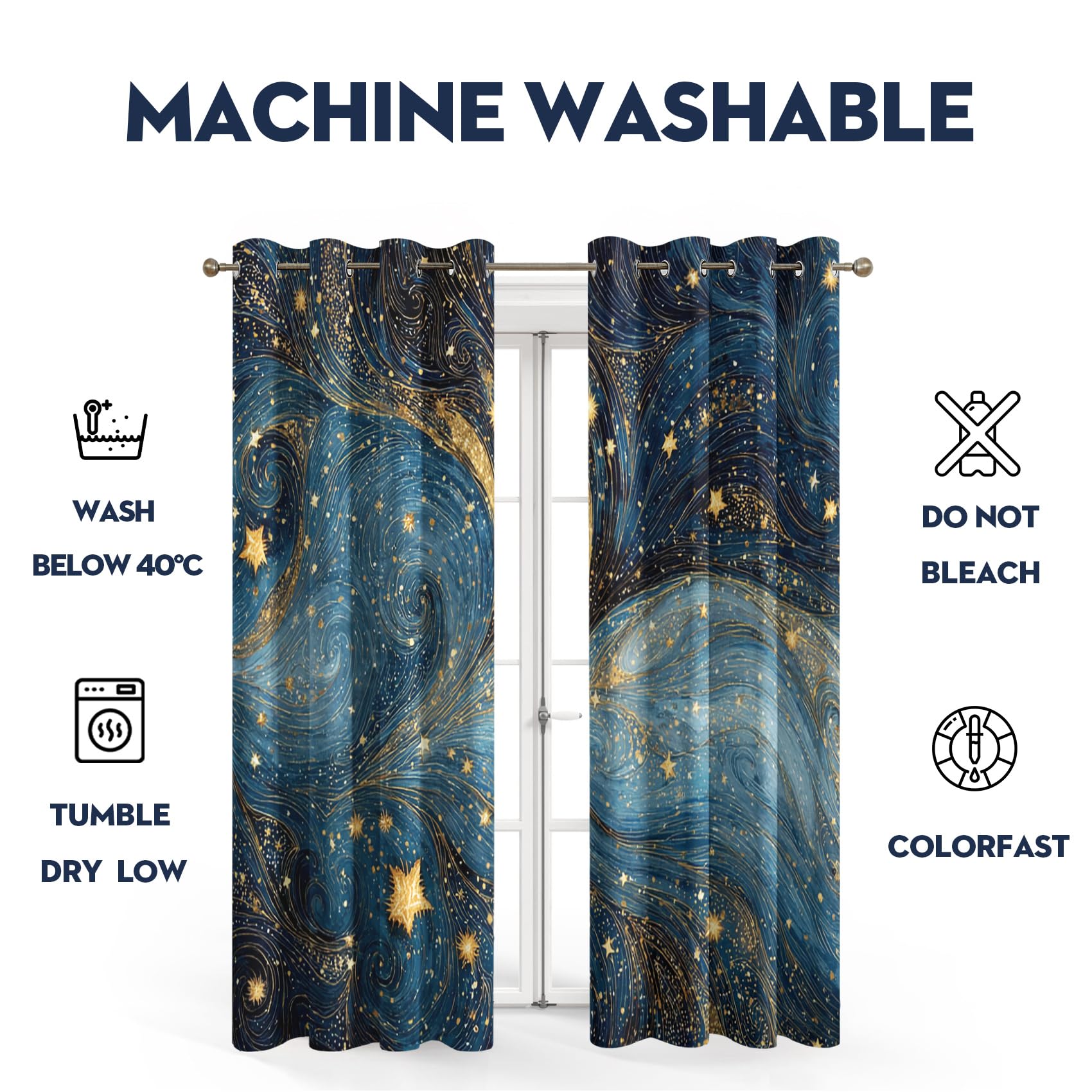 Generisch Sternenhimmel Vorhänge mit Ösen, 2 Stück H 166 x B 75 | Blackout Curtains, Blau Gold Fantasy Celestial Motiv, Thermo Blickdichte Gardinen, Schlafzimmer Wohnzimmer Deko E7997