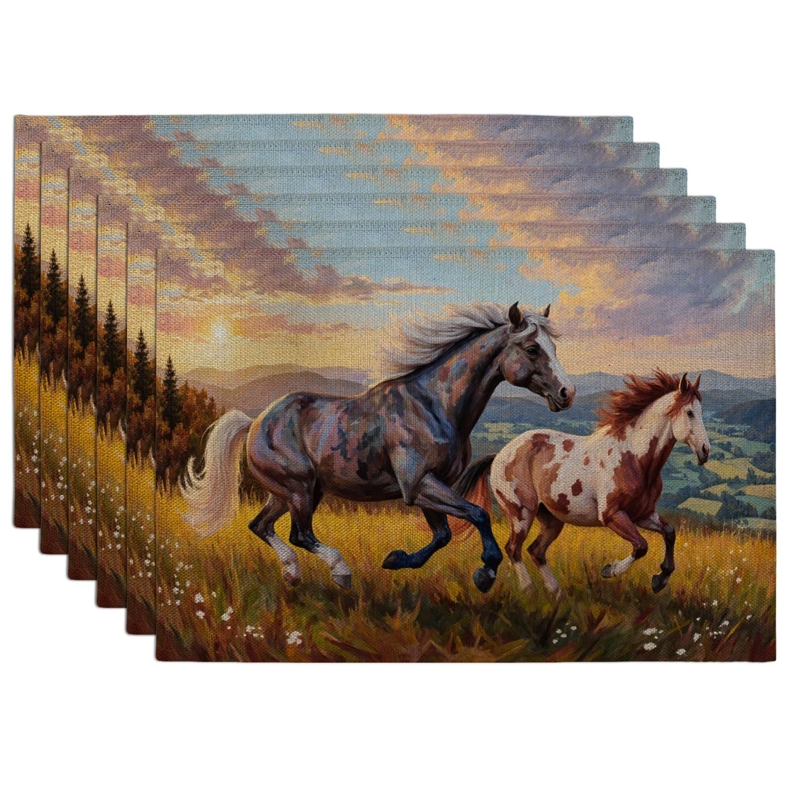 Rustic Horses Placemats, Artistic Country Style Place Mats for Dining Table, All Season Non-Slip Washable Indoor Outdoor Kitchen Party Decorative Placemat Set of 6