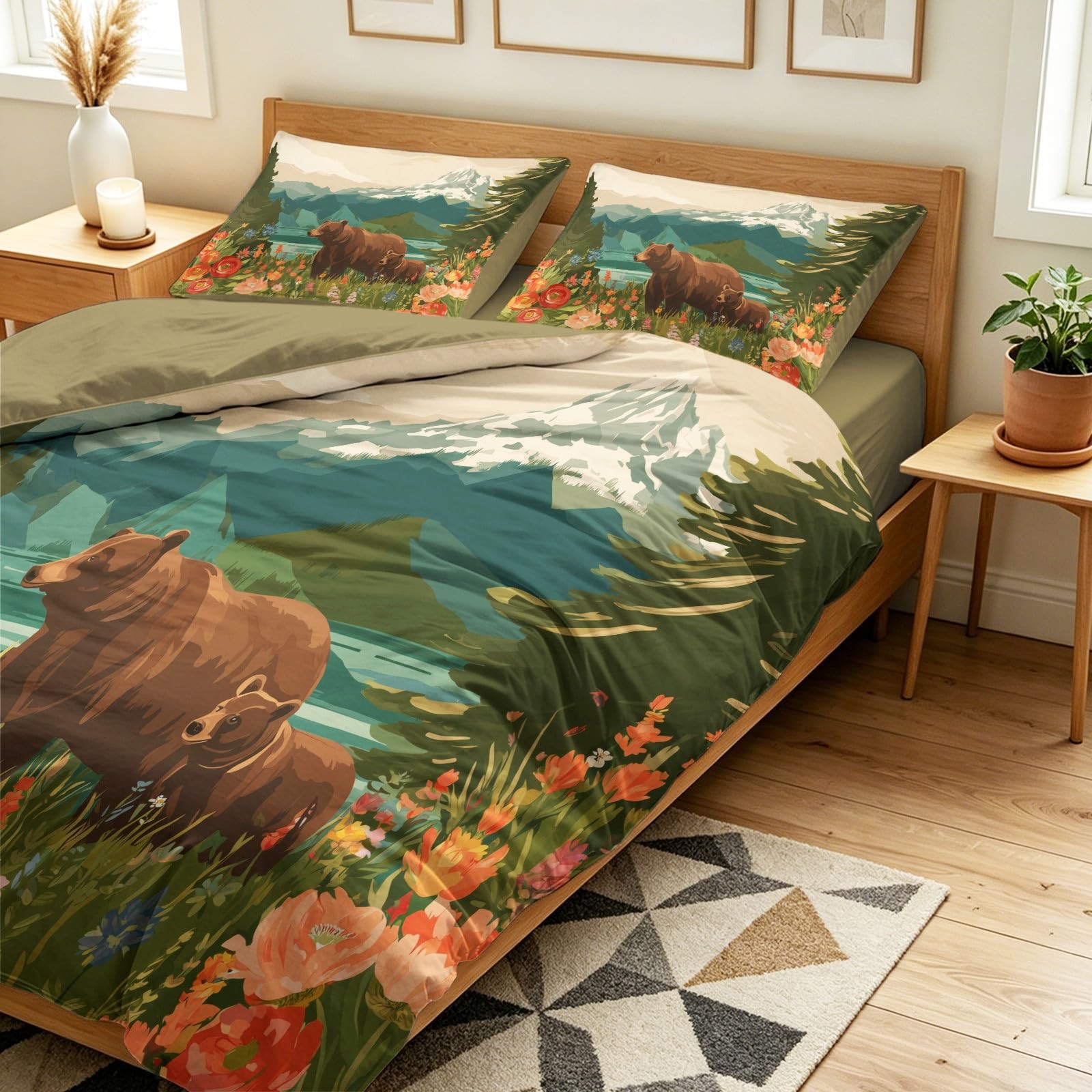 Générique Poszwa na kołdrę z motywem zielonego krajobrazu zwierząt, komplet pościeli 140 x 200 cm dla 2 osób na łóżko z gumką, niedźwiedź dzika natura przygoda zestaw pościeli 4-częściowy z 2