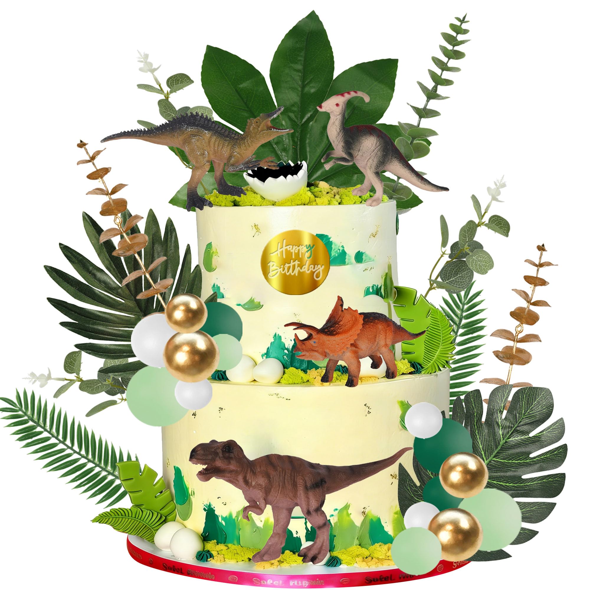 Xsstarmi 43 Pack Ancient Dinosaurs Cake Topper Decorations Balloons Rainforest Plant Green Leaves Cake Pick for Baby Shower Kids Birthday Anniversary Party Cake Decorations Supplies