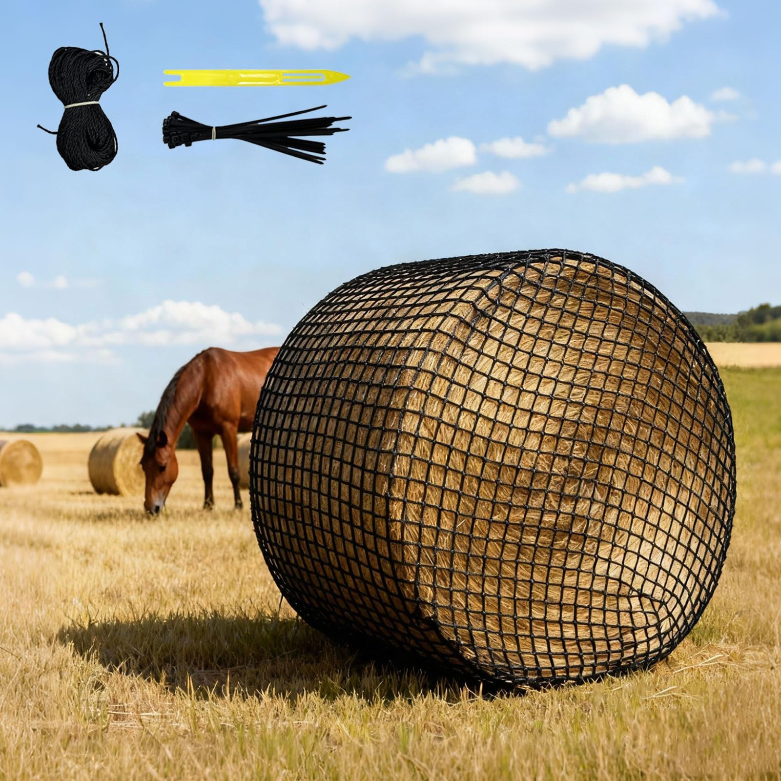 Hay Net for Round Bales, Round Bales Horses, 5 x 5 ft Mesh Size for Species-Appropriate Round Bale Net, Hay Rack, Suitable for Extending the Eating Time of Horses