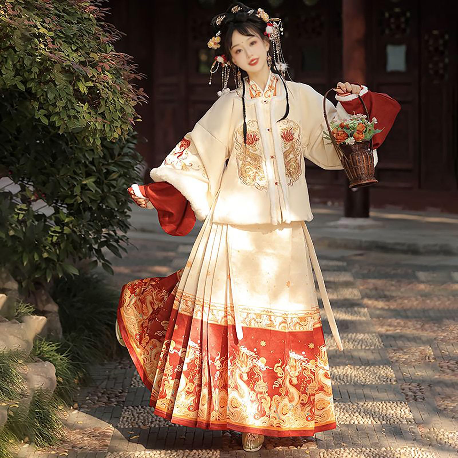 Ciepły haftowany komplet Hanfu (59-69 cali), zimowa sukienka Hanfu (83-165 funtów), odzież wierzchnia + bielizna + spódnica + futrzany kołnierz