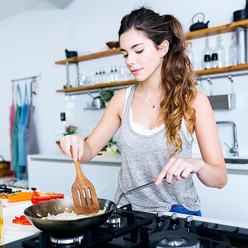 Miniatura 6 de Cucharas de madera para cocinar, 9 utensilios de madera de teca natural para cocinar, juego de utensilios de cocina de madera y juego de utensilios