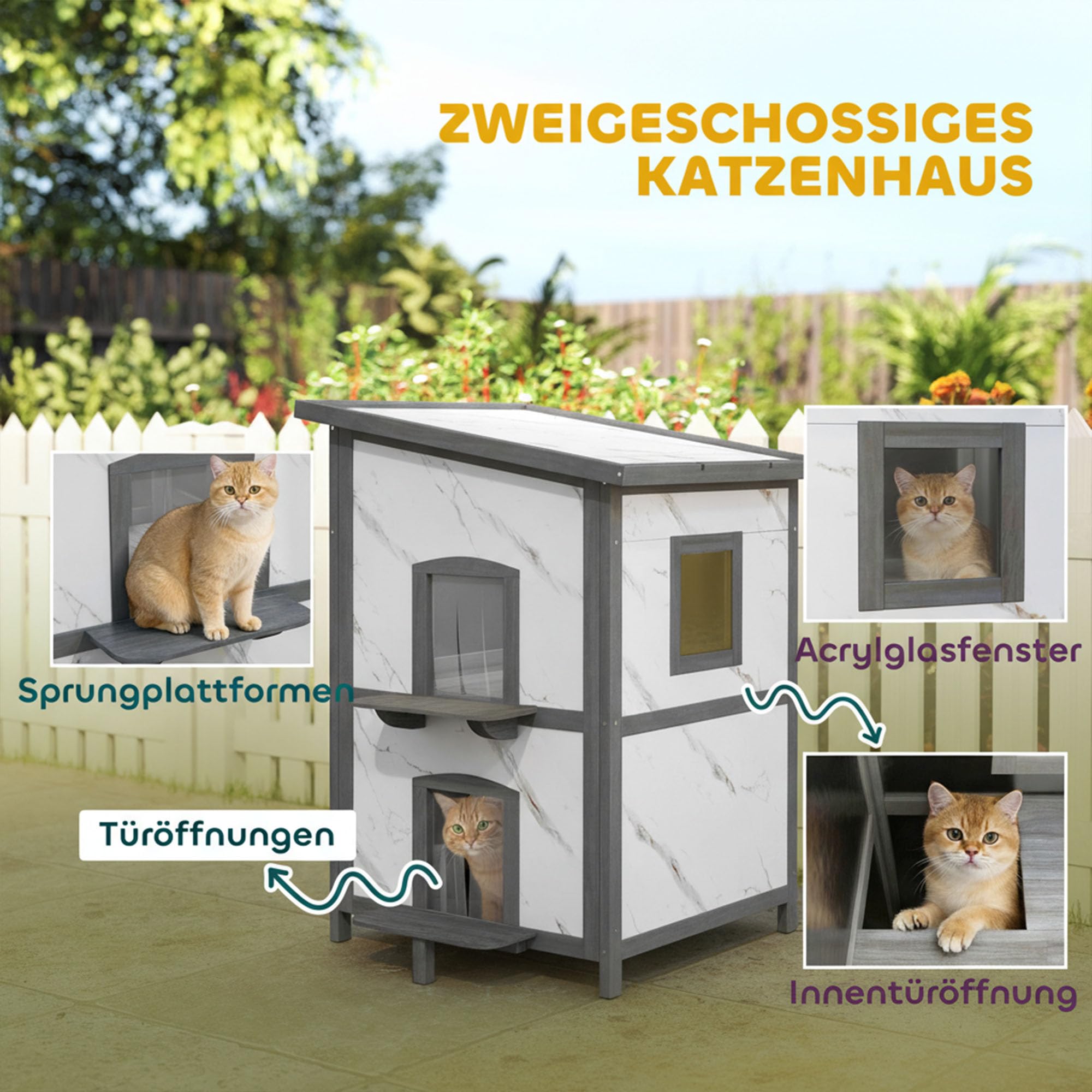 PawHut Katzenhaus aus Holz 2-stöckig Outdoor mit Fenster 60x60x88 cm Weiß | Mehreren Türen, Isolierte Katzenhütte, Wasserabweisendes Dach, Katzenhöhle Katzenbox für Draußen