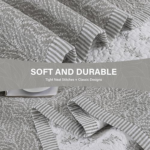 Miniatura 6 de SahSahCasa Juego de edredón tamaño Queen, juego de ropa de cama 100% algodón, patrón botánico, color liso, elegante, ligero, acolchado para cama