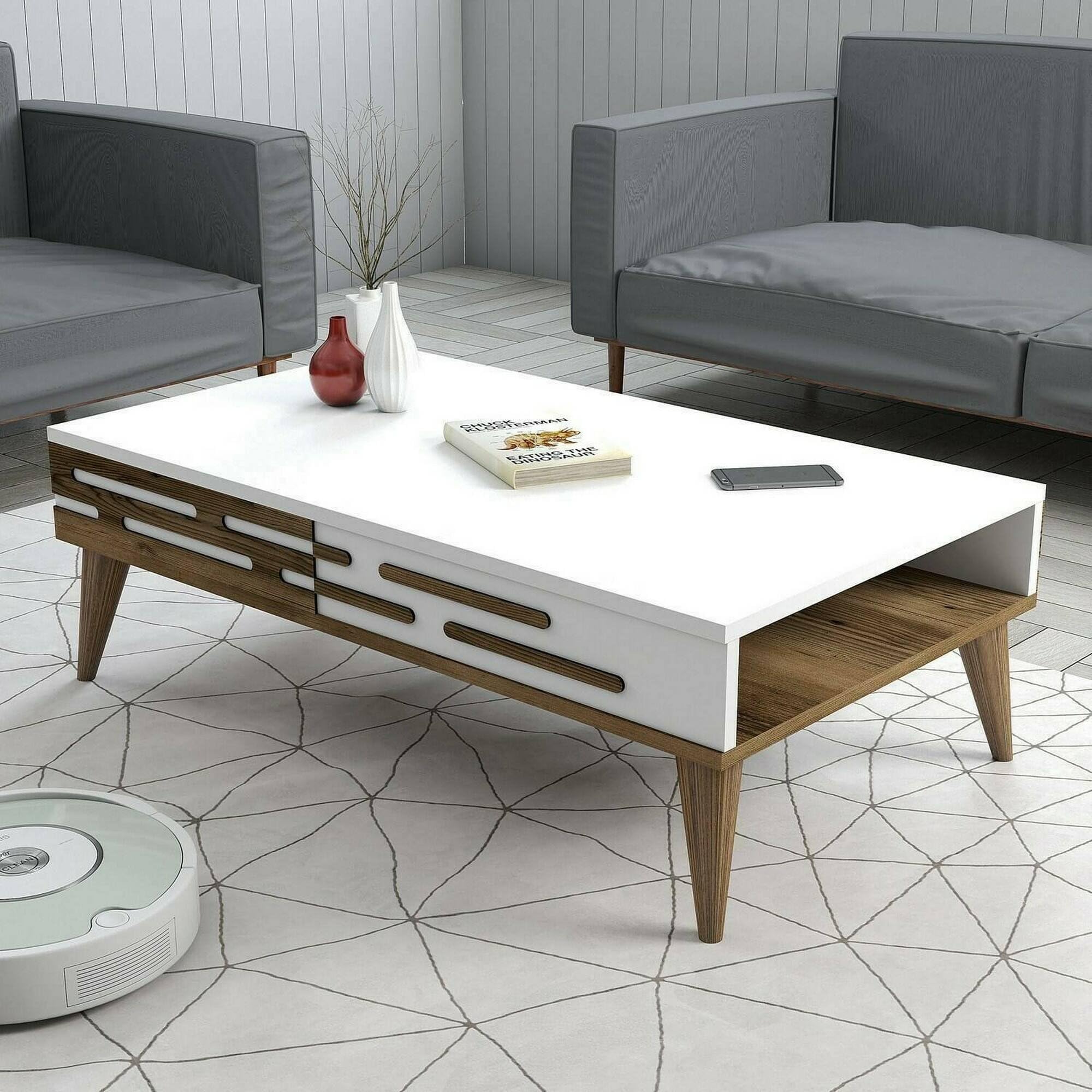 Dmora - Tavolino da Salotto Saiph, Tavolo Basso da caffè, Portariviste per Divano, Ripiano da Soggiorno, 105x35h60 cm, Noce e Bianco