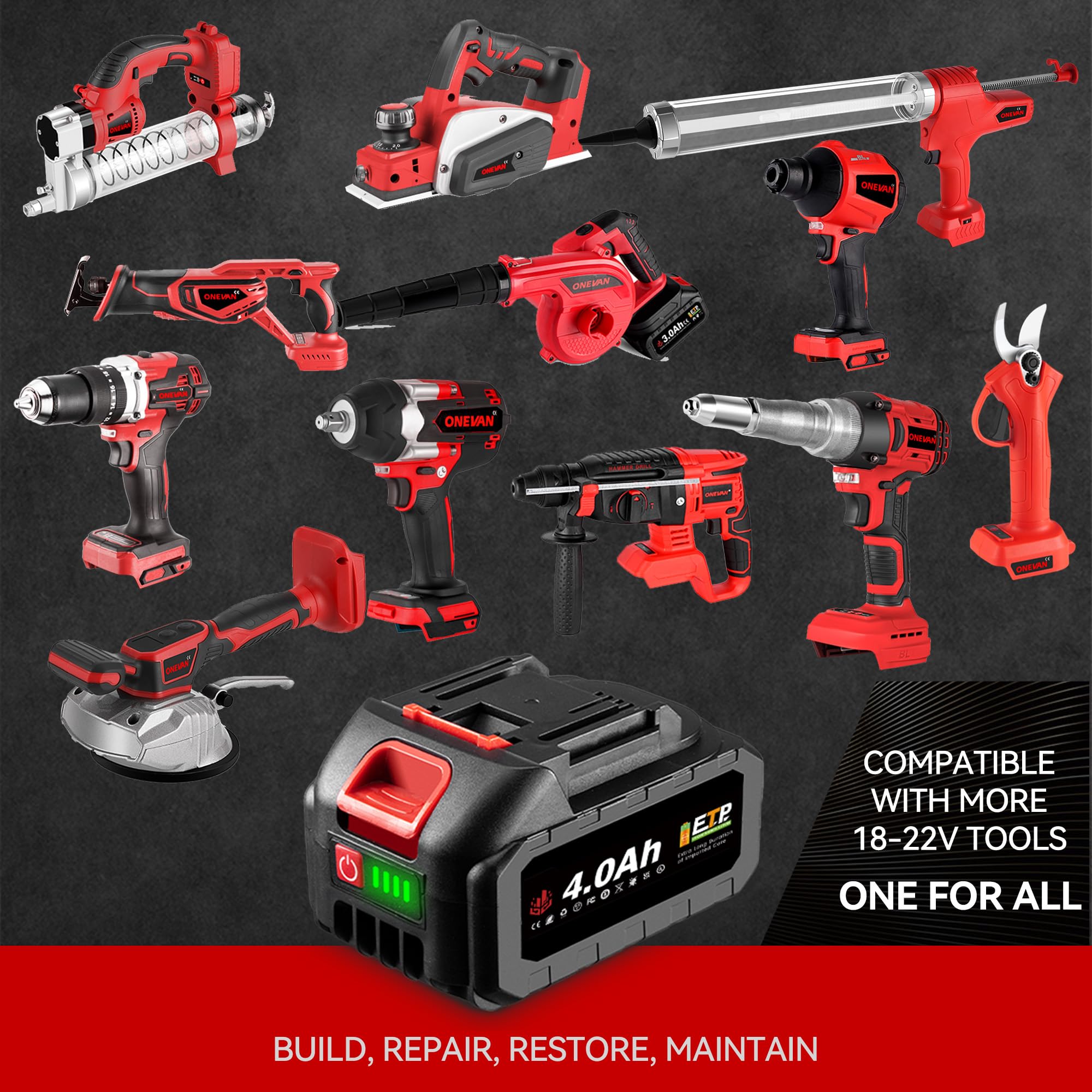 21V Batería de Litio con Cargador, 2X 6000mAh, para Herramientas ONEVAN | 21V aumento de voltaje, BMS protección múltiple, indicador LED, paquete de baterías para herramientas ONEVAN, plug-and-play