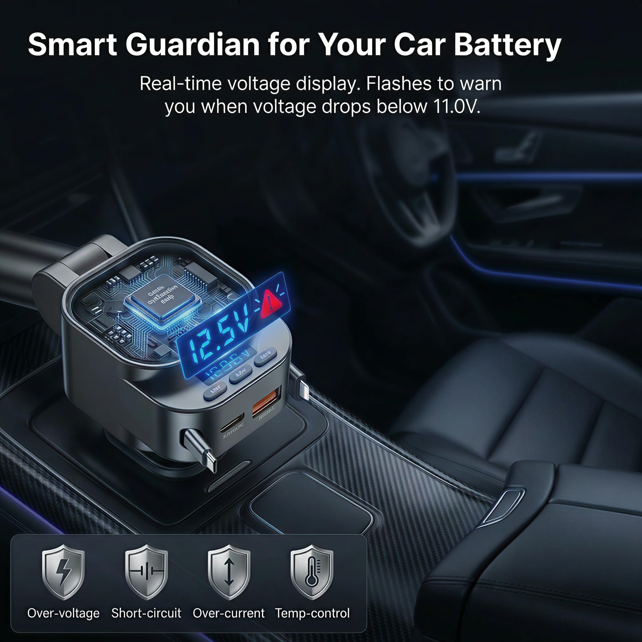 96 W auto retrattile caricabatterie con adattatore per auto Bluetooth, ricarica rapida 4 in 1, trasmettitore radio Bluetooth 5.3 FM, chiamate in vivavoce, adattatore per caricabatterie da auto USB C