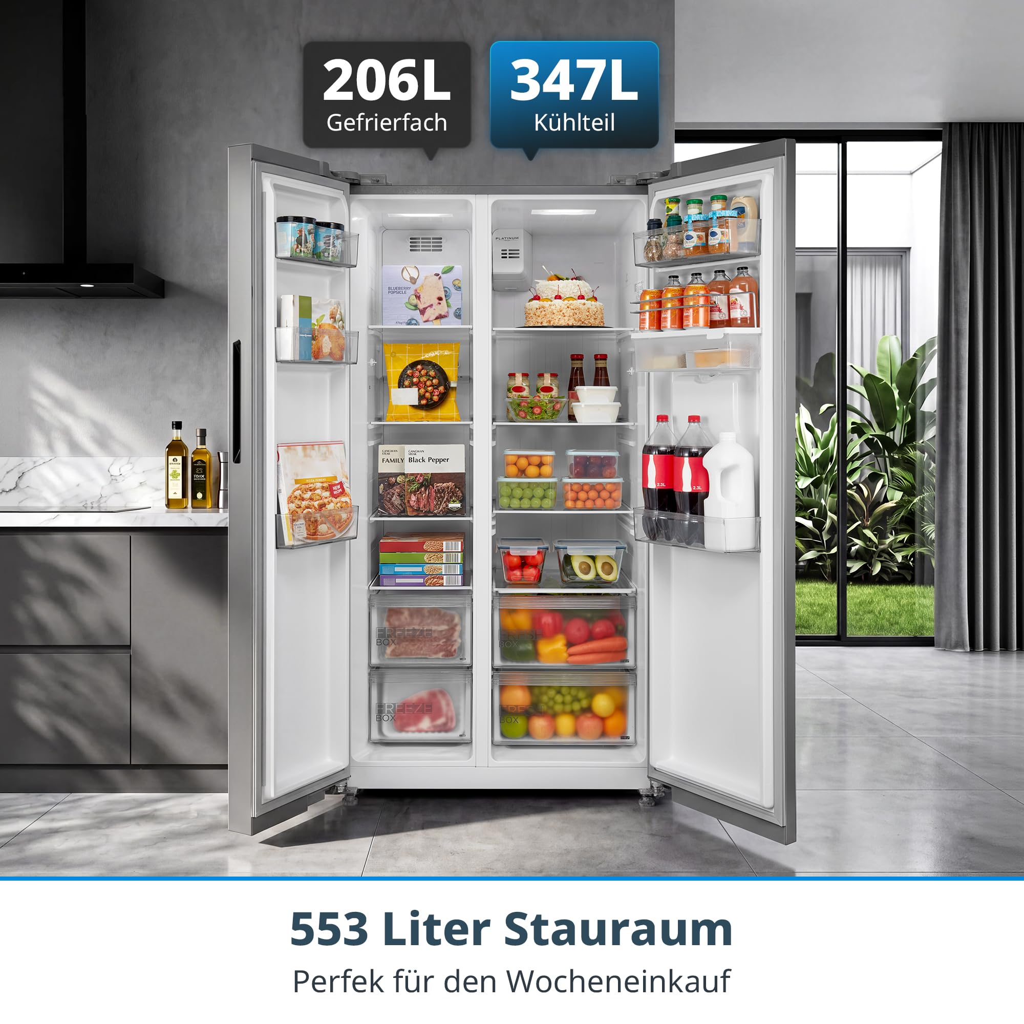 Midea Side-by-Side Kühlschrank 553L No Frost Kühl-Gefrierkombination Wasserspender 37 dB Inverter Motor Steel Gray MDRS710FGD46W