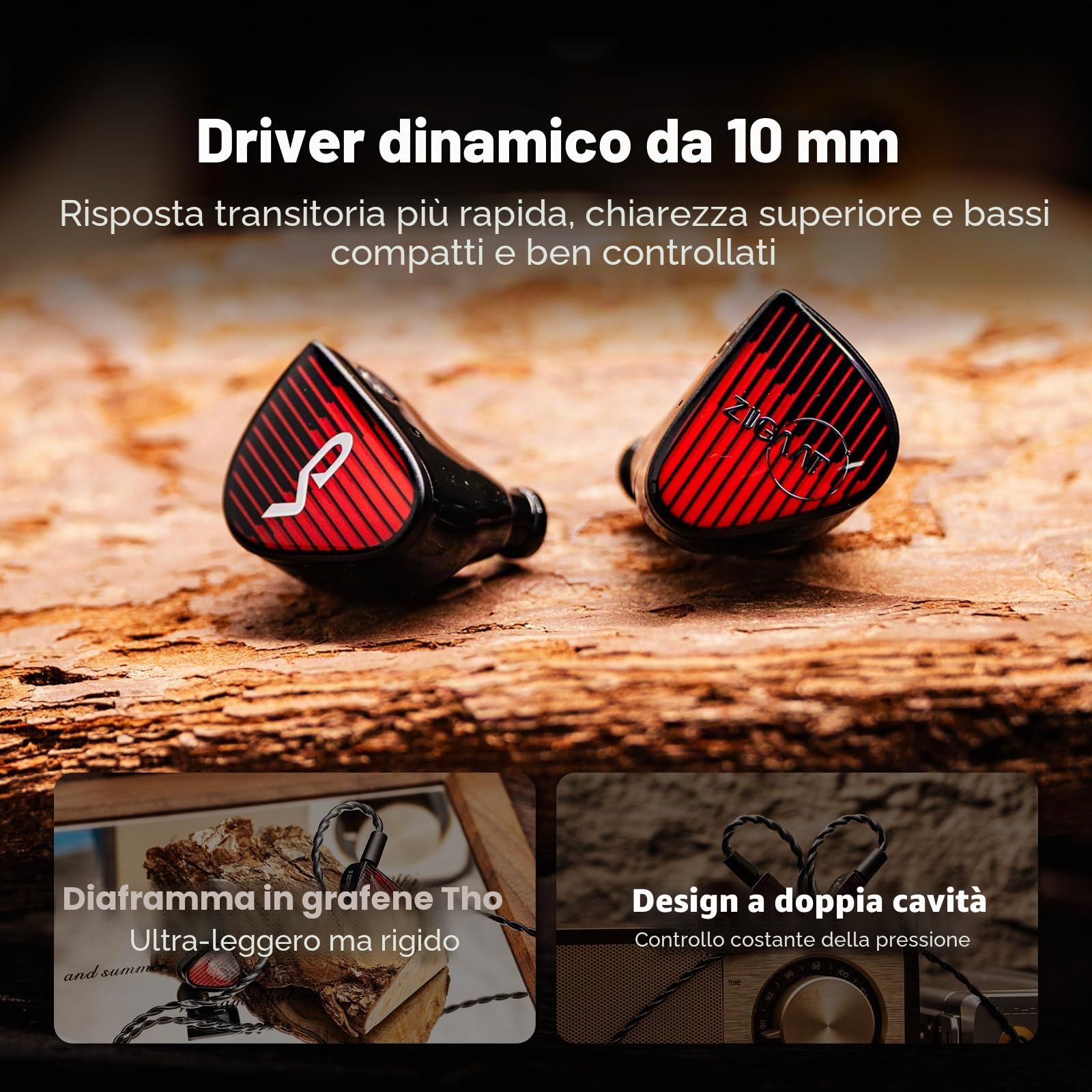 Linsoul ZiiGaat x Vivir Digital RUMBA – IEM Driver Grafene 10mm, Auricolari HiFi con Sub Bassi, Cavo 2 Pin Rimovibile per Audiofili, Gaming e Musica (3,5 mm Senza Mic)