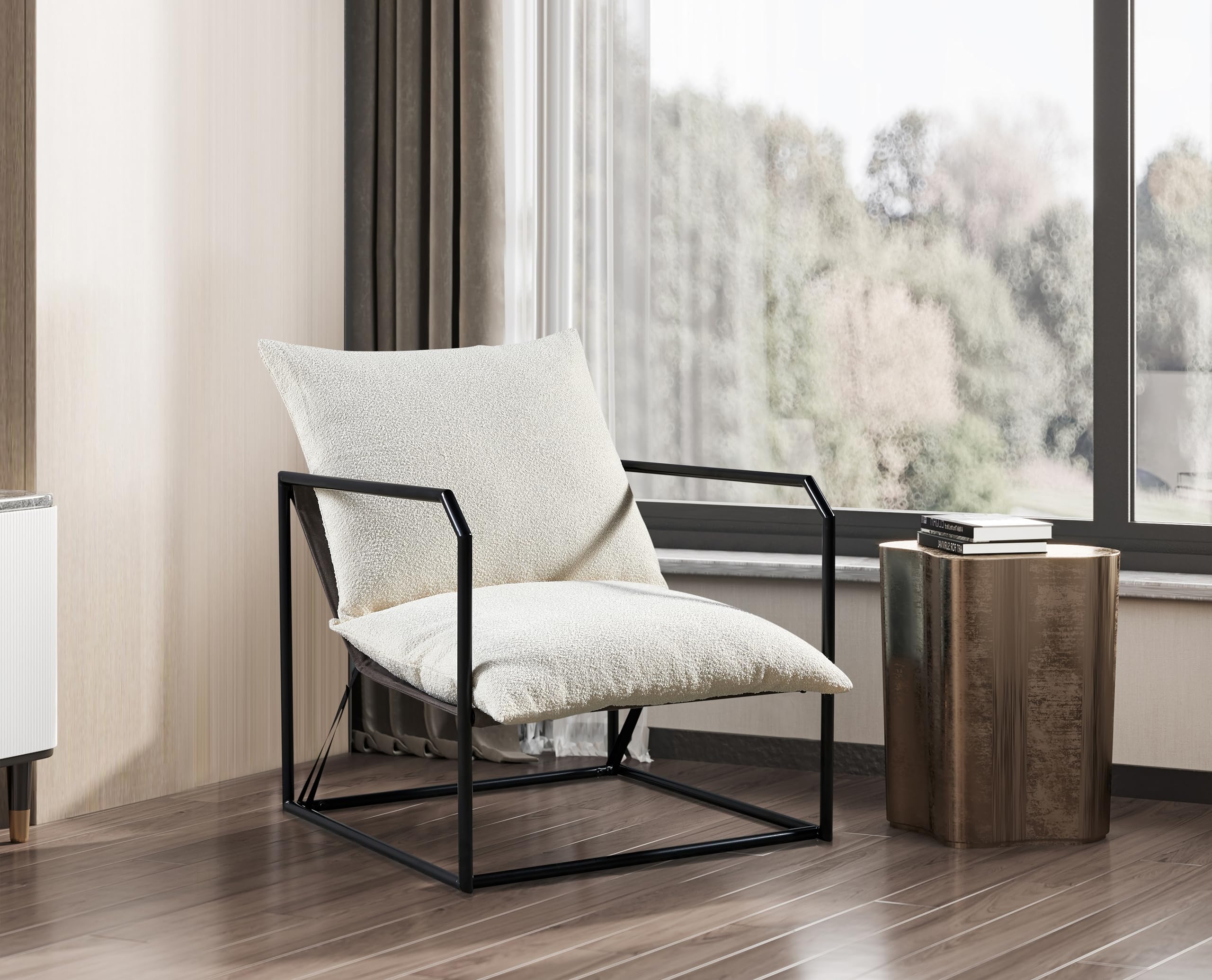 Sling Accent Living, Mid Century Modern Metal Frame Armchair for Reading Room, Bedroom Chair with Removable Storage Bag, Soft Memory Foam Cushion White, XL
