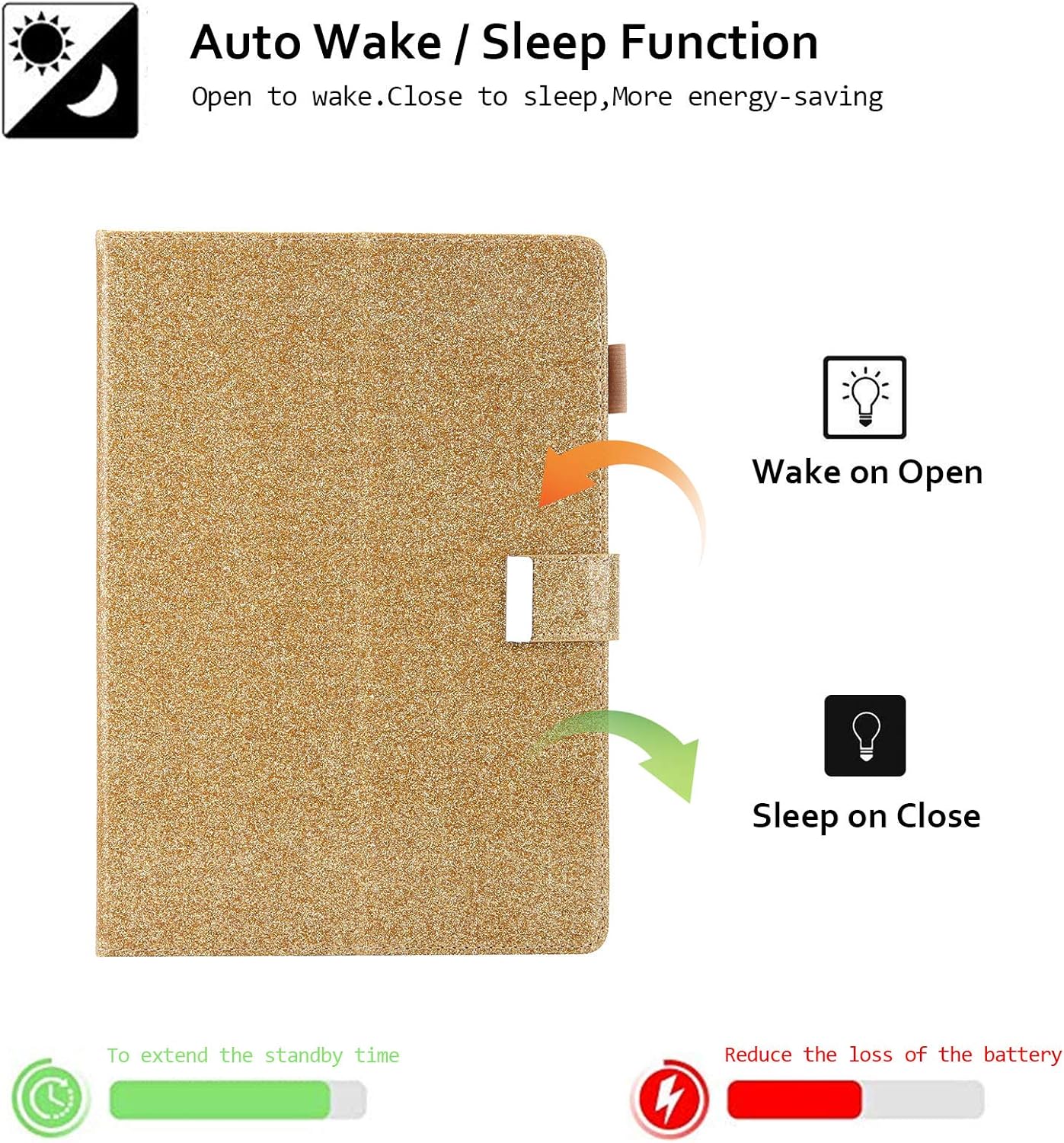 Glitter Case for iPad 6th/5th Generation, iPad Air 9.7-inch Case with Hand Strap, Techcircle Multi-Angle Stand PU Leather Smart Flip Protective Cover w/Pencil Holder+Card Slots, Wake/Sleep, Gold