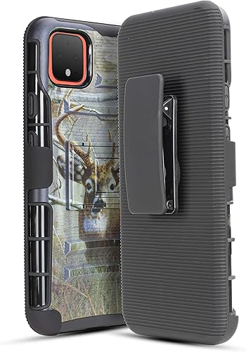 Funda con clip para cinturón para Google Pixel 4 XL con funda híbrida de vidrio templado, funda protectora de cuerpo completo resistente a prueba de