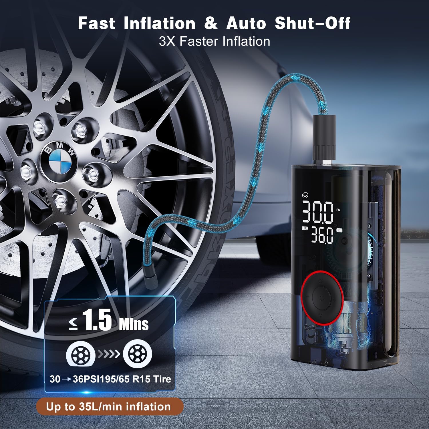 Tire Inflator Portable Air Compressor - Portable Cordless Mini Air Pump with Digital Pressure Gauge, 150PSI 3X Fast Inflation and Auto Shutoff Function Tires Pump for Cars