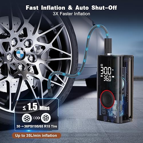 Miniatura 4 de Compresor de aire portátil para inflado de neumáticos, mini bomba de aire inalámbrica portátil con medidor de presión digital, inflado rápido de 150