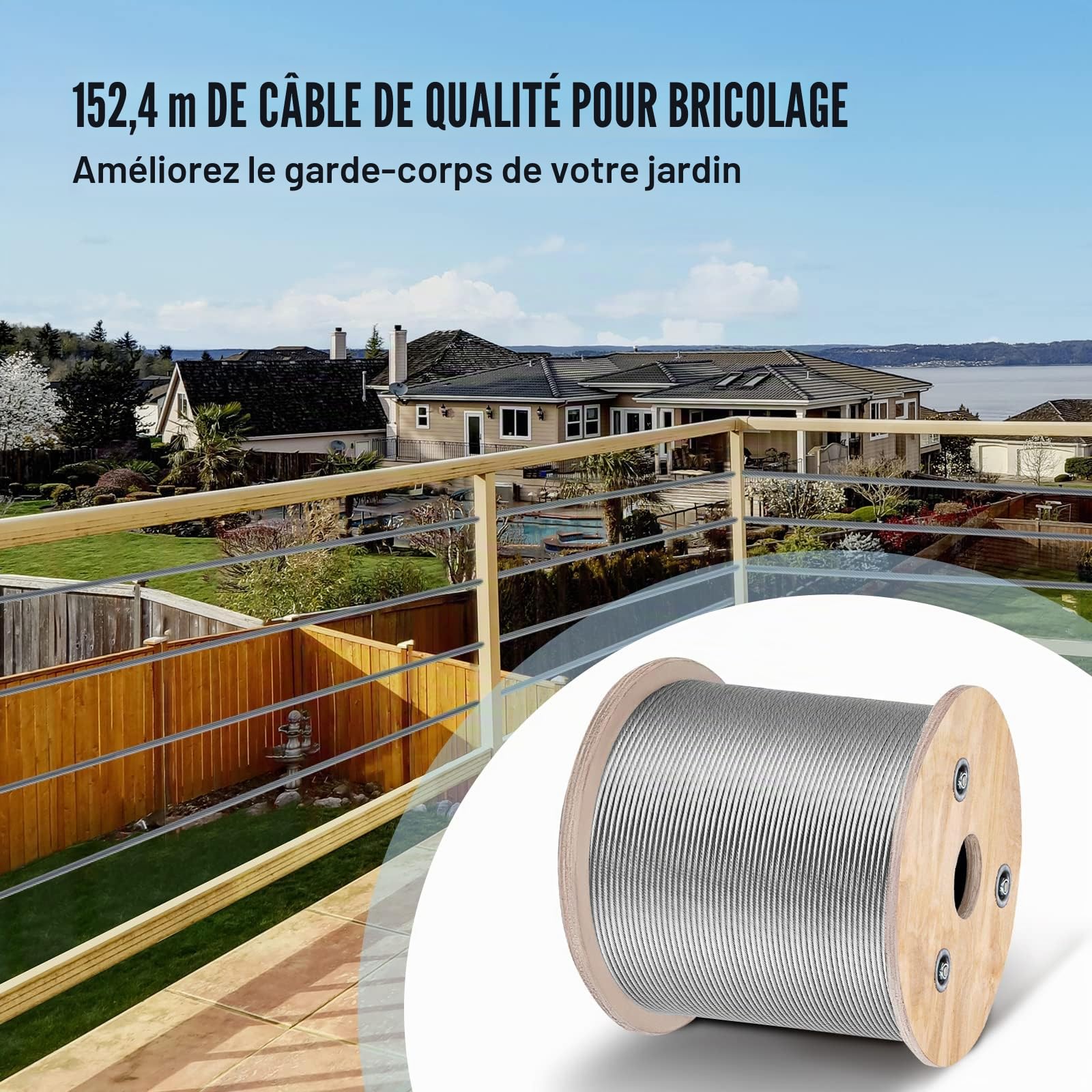 Mophorn Câble en acier inoxydable T316 de 0,6 cm, 7 x 7, 152,4 m, pour garde-corps, terrasse, bricolage balustrade (152,4 m)