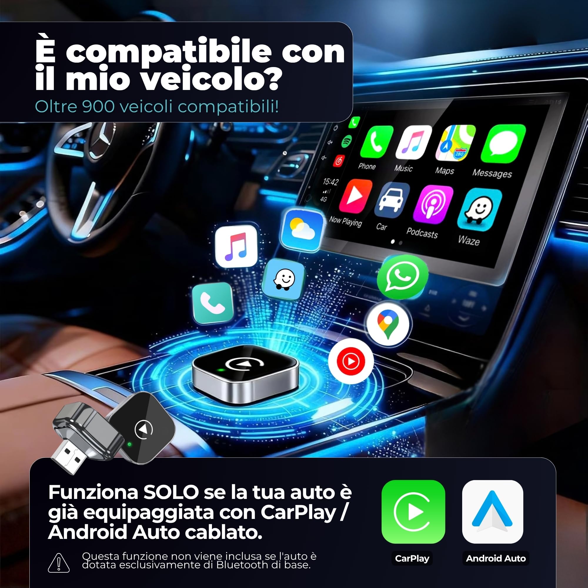 Adattatore Carplay Wireless 2 in 1 Mini 2026, Android Auto Wireless con USB Plug & Play, Riconnessione Rapida ~3 s, USB-A/USB-C e Dongle Rigido per Porte Difficili