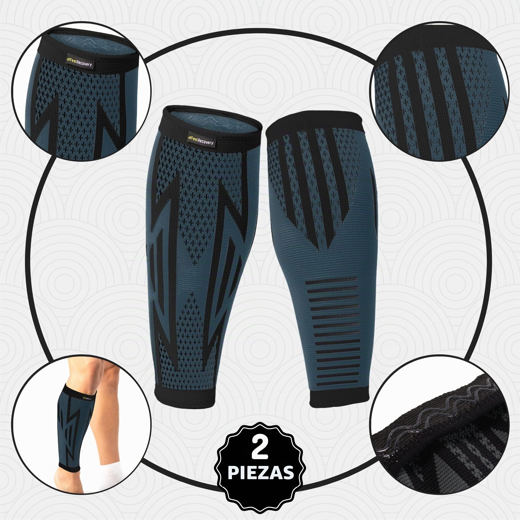 Feel Recovery 2 Pantorrilleras de Compresión Hombre/Mujer - Gemeleras Compresivas para Running - Perneras Deportivas Elásticas para Dolores Musculares - Transpirable y Antideslizante