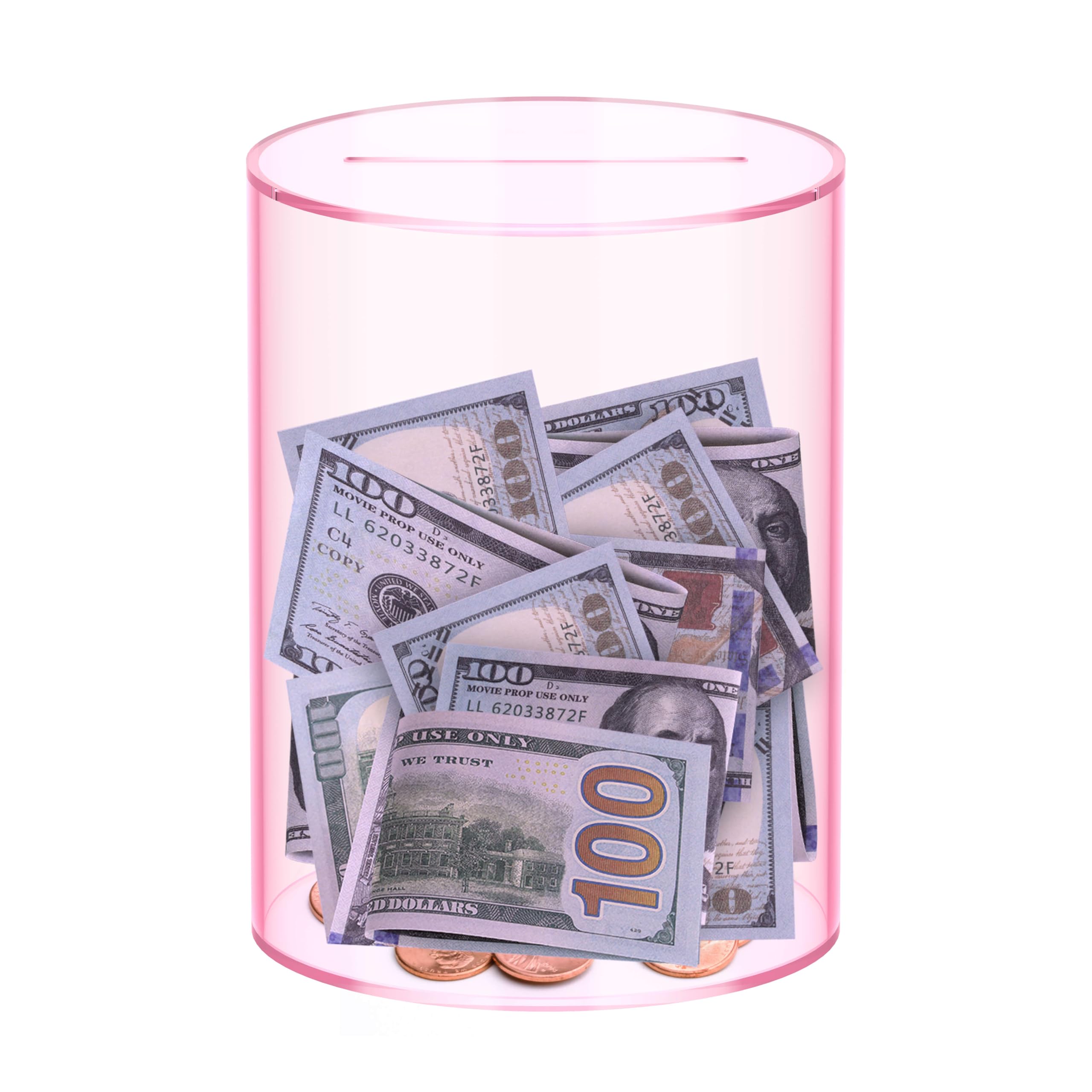 LMSNE Clear Piggy Bank for Adults Must Break to Open, Unopenable Acrylic Savings jar, Size 6.5" H x 5" Diameter (Pink)