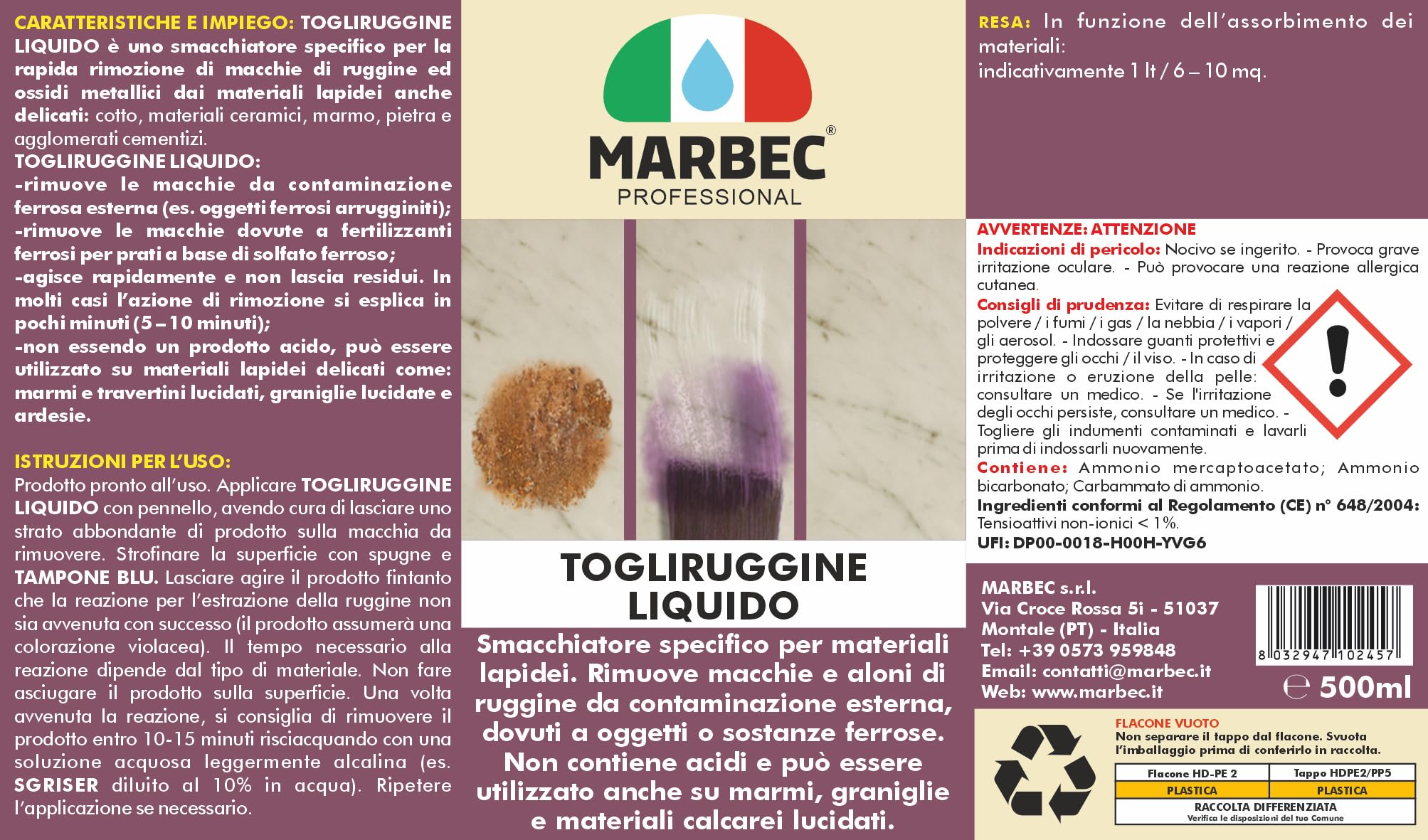 MARBEC TOGLIRUGGINE LIQUIDO 500ML Smacchiatore specifico per la rimozione di macchie di ruggine, ossidi metallici e fertilizzanti ferrosi da pavimenti e rivestimenti