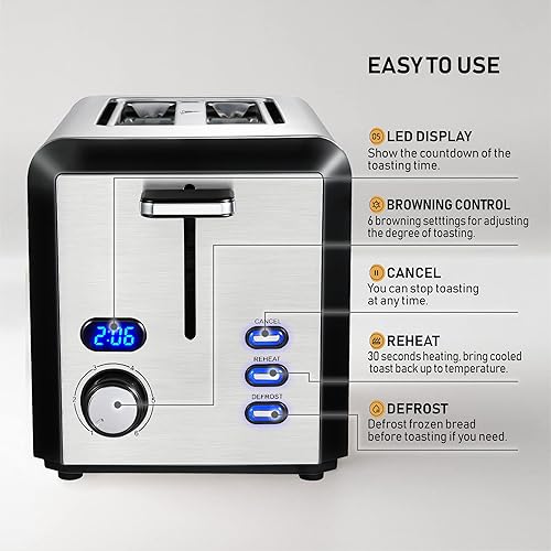 Miniatura 3 de Tostadora de 2 rebanadas, tostadora de acero inoxidable de ranura ancha con 6 niveles de tostado, recalentar y descongelar, para bagel, tostadas,