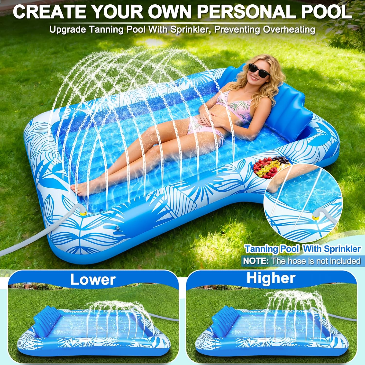 TURNMEON Inflatable Tanning Pool Lounger Float with Sprinkler, 78"x50" Large 2-Person Pool Float Adults with Backrest Cup & Food Holder Blow Up Tanning Bed for Summer Pool Beach Party (Pink/Blue)