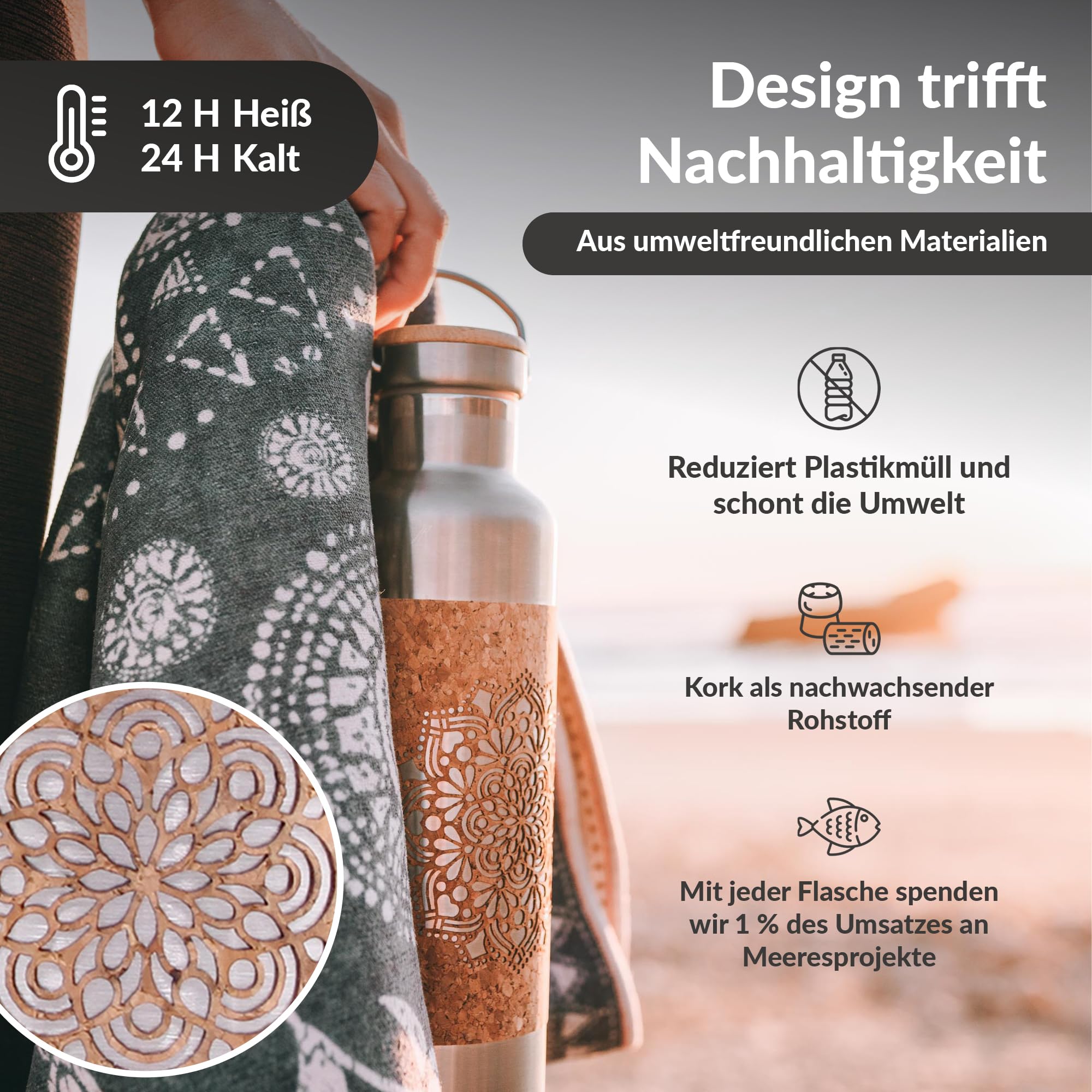 Borraccia termica in acciaio inox, 750 ml, a prova di perdite, senza sostanze nocive, insapore, senza BPA, sughero, yoga, ufficio, all'aperto (mandala + colino da tè)