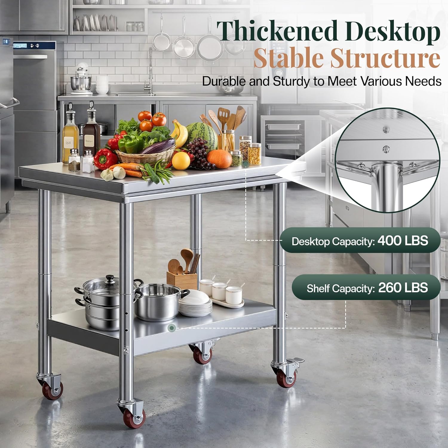 Jocisland 24" x 36" Stainless Steel Prep & Work Table with Wheels, NSF Certified, Adjustable Undershelf, Square-Edge Safe Design for Restaurant, Home & Outdoor Use