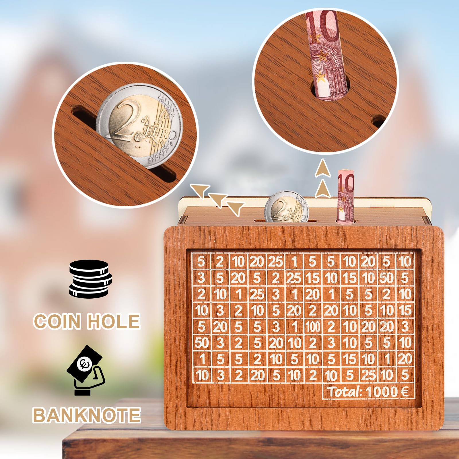 Spaarpot van hout, retro spaarpot, opbergdoos, spaarvarken met markers