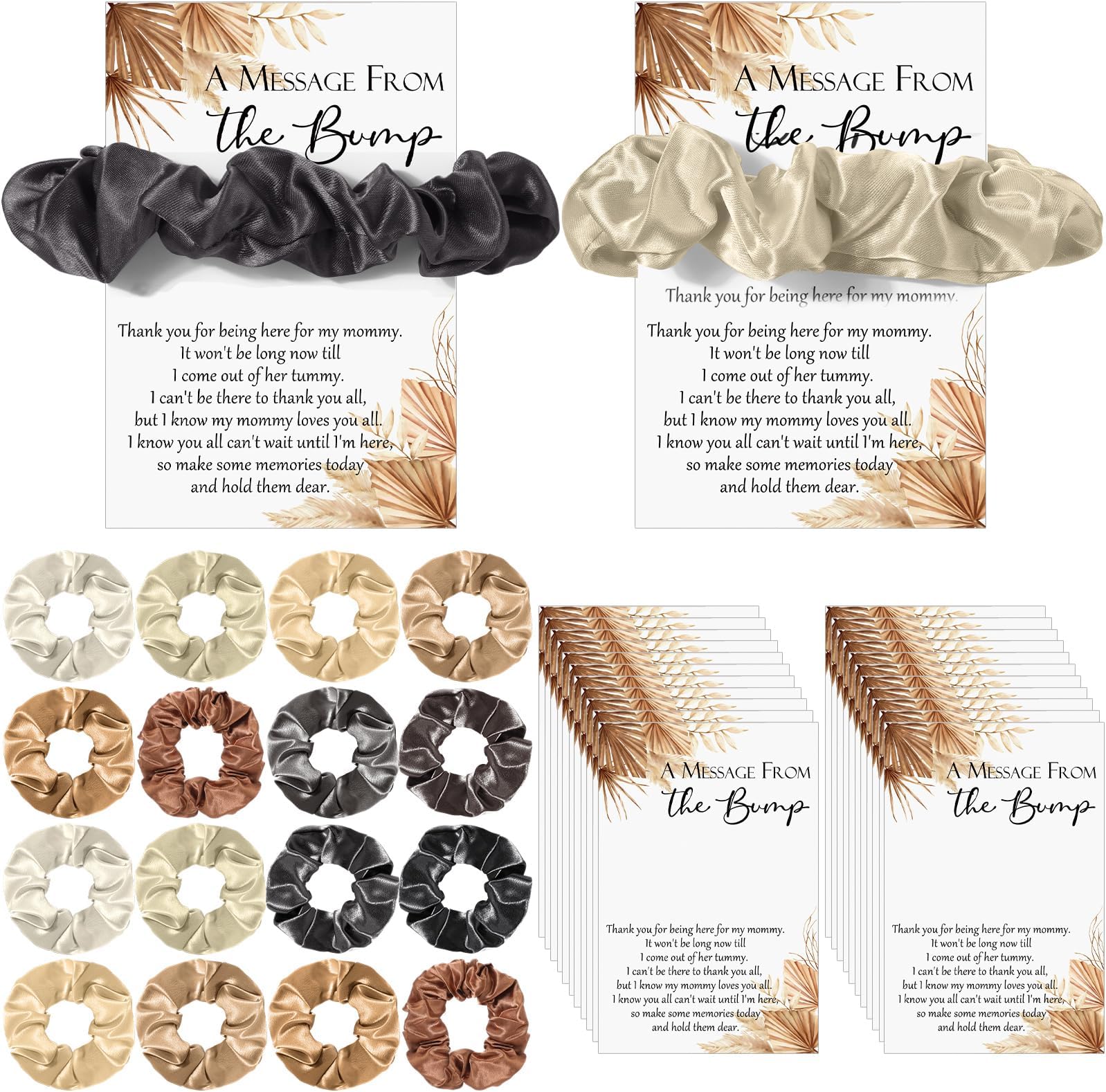 Yinkin 50 Sets Boho Baby Shower Favor for Guests Baby Shower Hair Ties Favors 50 Brown Scrunchies 50 Thank You Cards a Message from The Bump