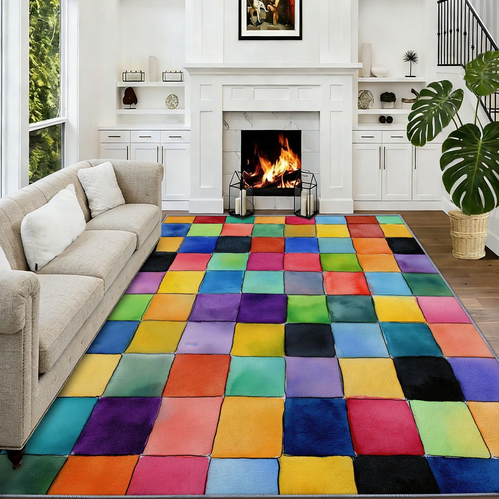 Dywan do salonu 120 x 170 cm kolorowe klocki geometryczne, obraz akwarelowy miękki i antypoślizgowy dywan do sypialni - wewnętrzny dywan z krótkim włosiem do salonu pokój dziecięcy biuro