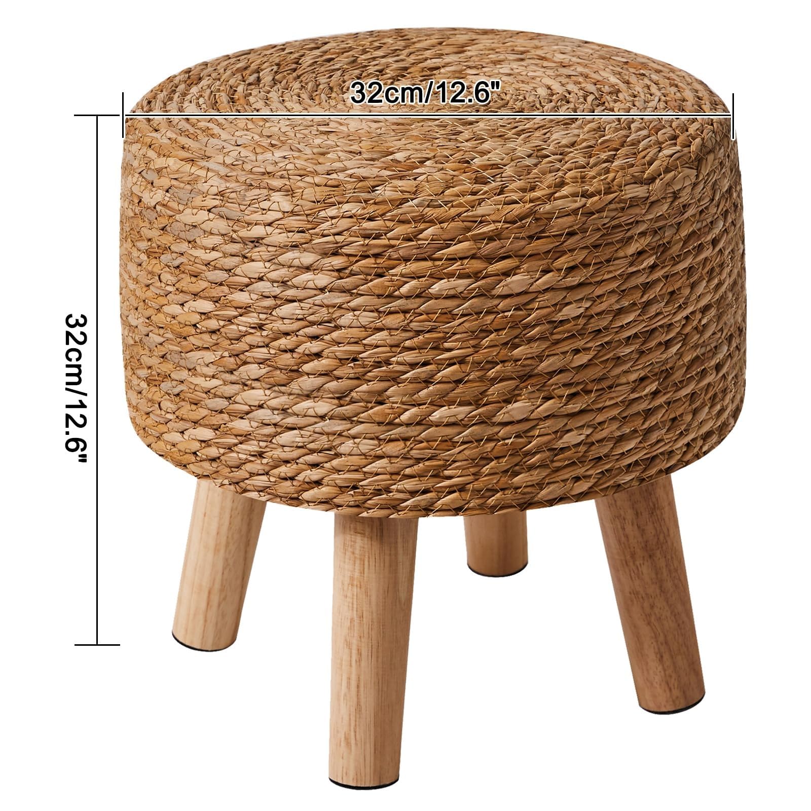 YMYNY Taburete de Madera, Reposapiés Redondo de Algas Naturales con Asiento Tejido a Mano, Puf Suave Tapizado, para Sala de Estar, Dormitorio, 32×32×32CM Color Natural HBD027N