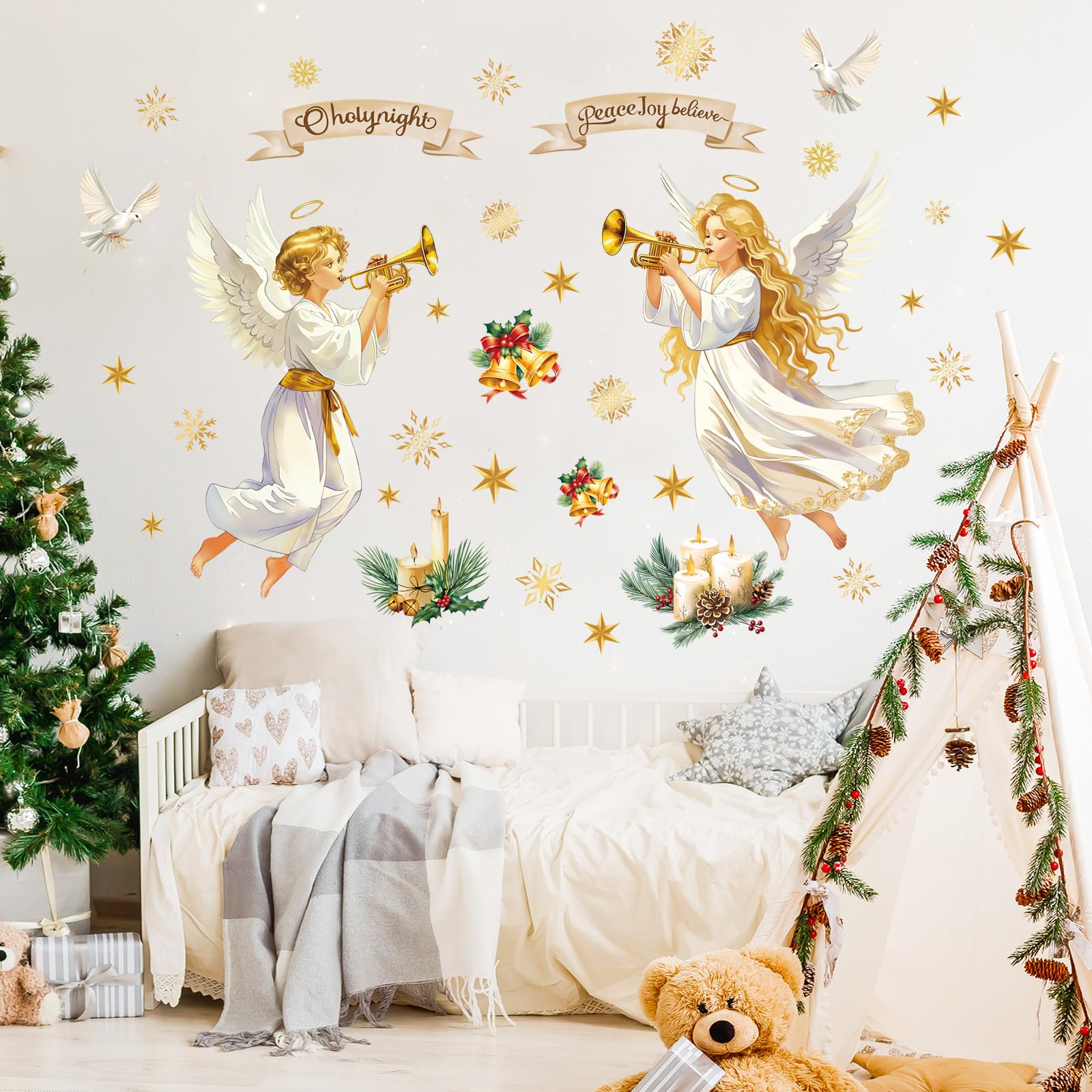 FUFUQUARE Gold Angel Wall Sticker Vintage Christmas Holy Night Wall Decals