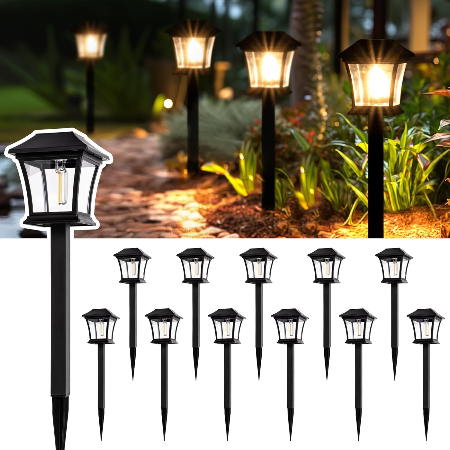 GIGALUMI Solar Pathway Lights 12 Pack Solar Lights, Waterproof Outdoor Path Light for Garden Yard Patio Lawn Porch Walkway Backyard Sidewalk (Warm White)