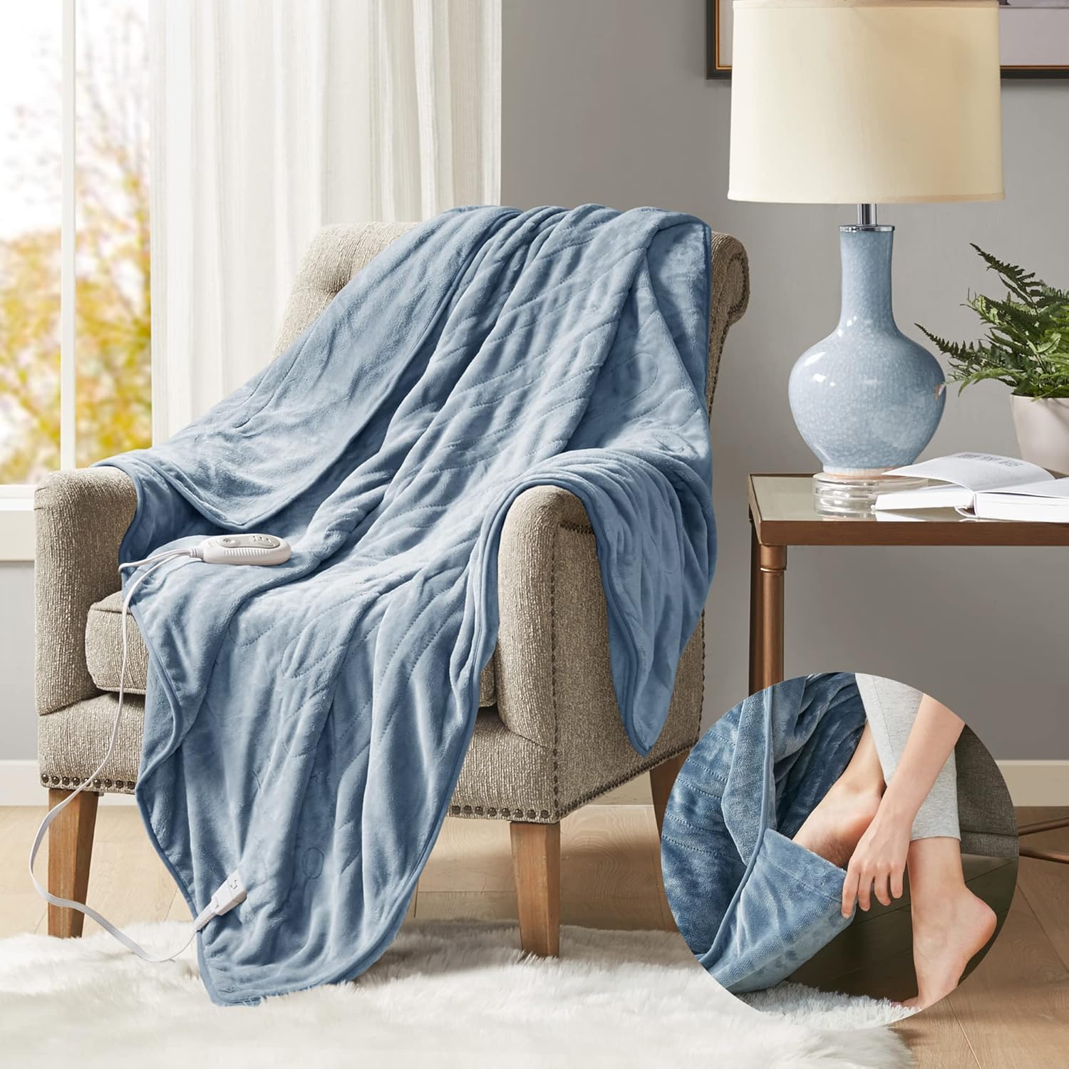 Large Heated Blanket with Foot Pocket, Blue, 60x70 Inch, Washable Soft Plush