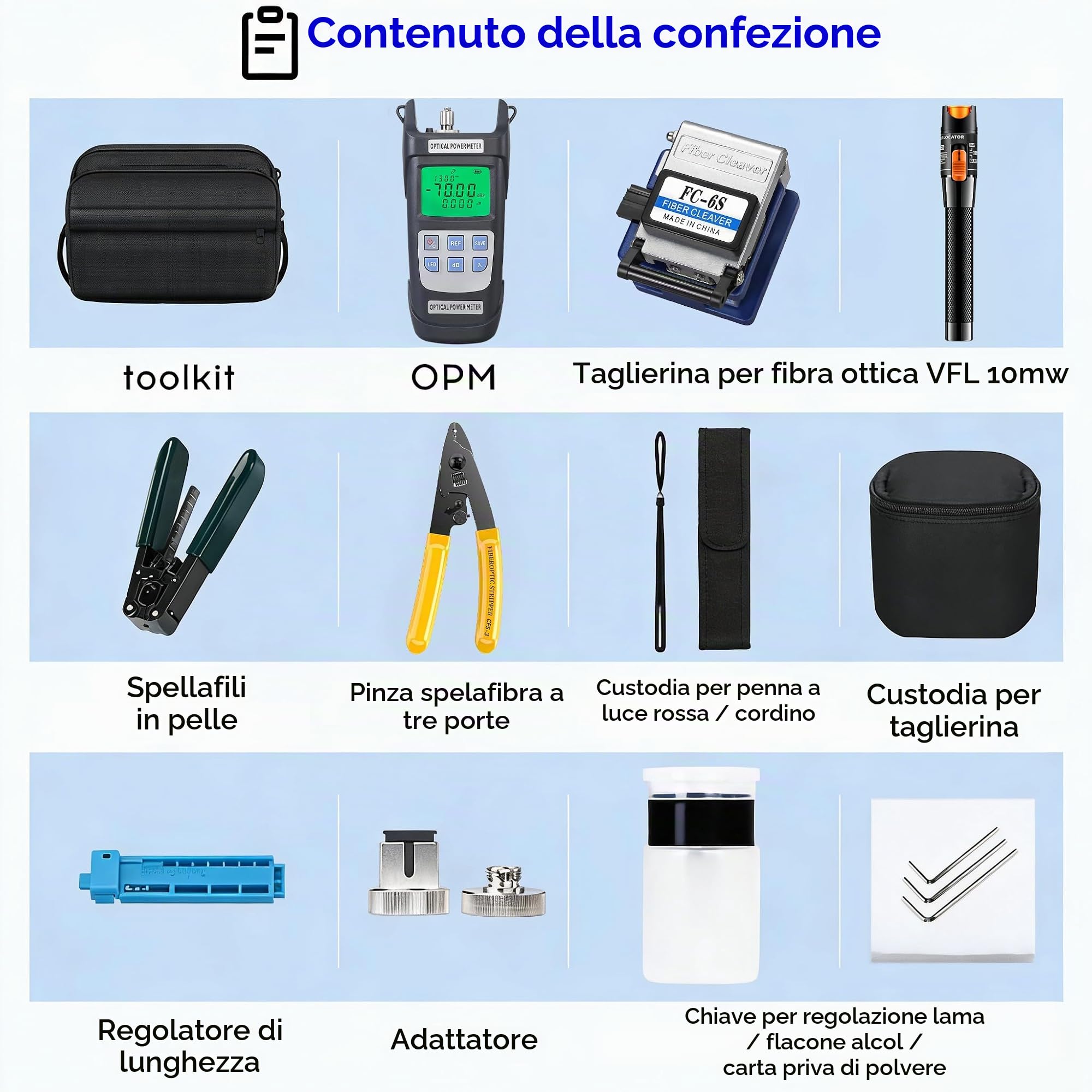 Kit di strumenti per fibra ottica, kit di strumenti FTTH 11 in 1 con mannaia FC-6S, misuratore di potenza ottica, localizzatore visivo di guasti Spellafili per fibra ottica da 10 km