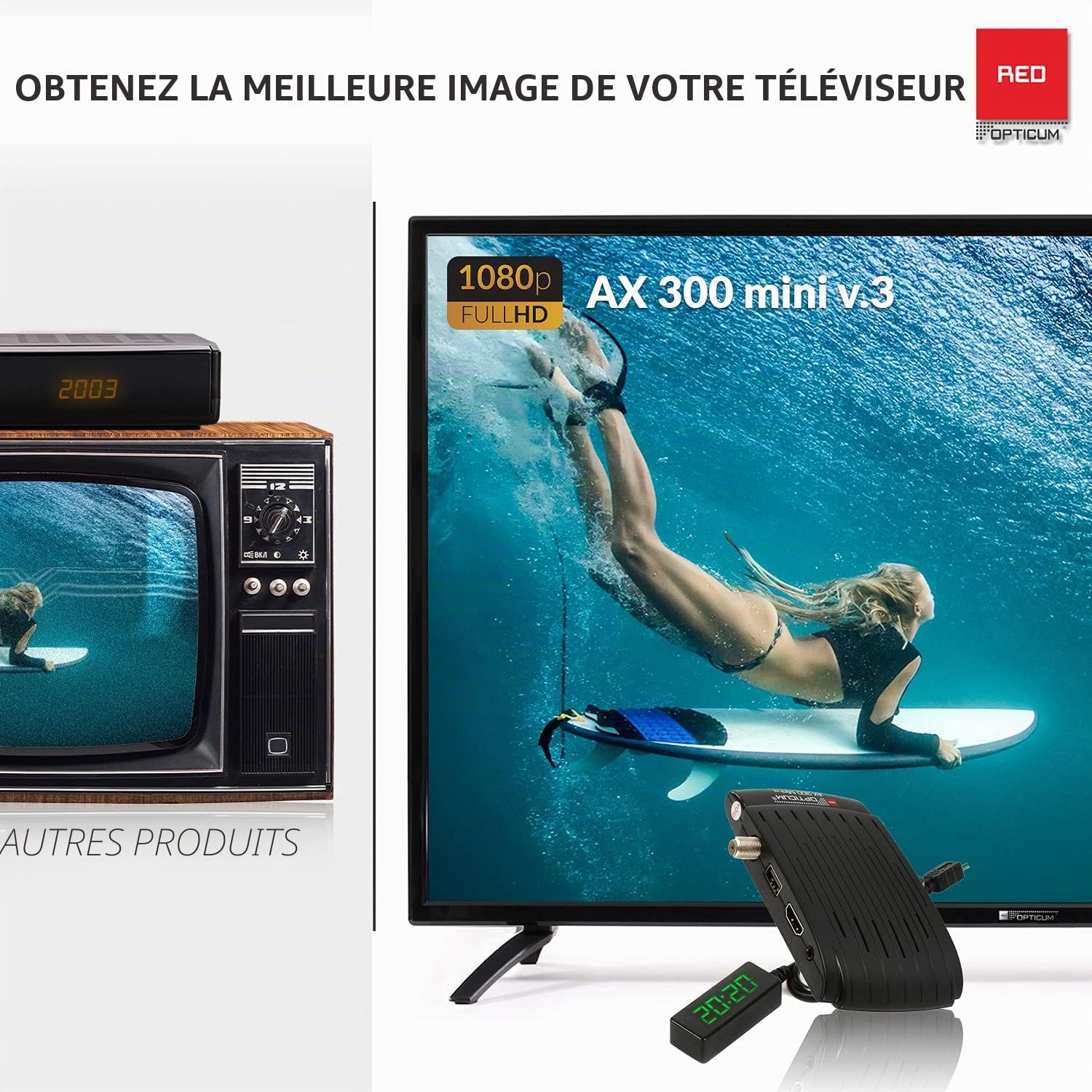 RED OPTICUM AX 300 Mini V3 avec Fonction d'enregistrement PVR - Récepteur Satellite HD numérique/capteur IR Externe avec écran/Alimentation 1080p Full HD/USB/HDMI/12V Noir