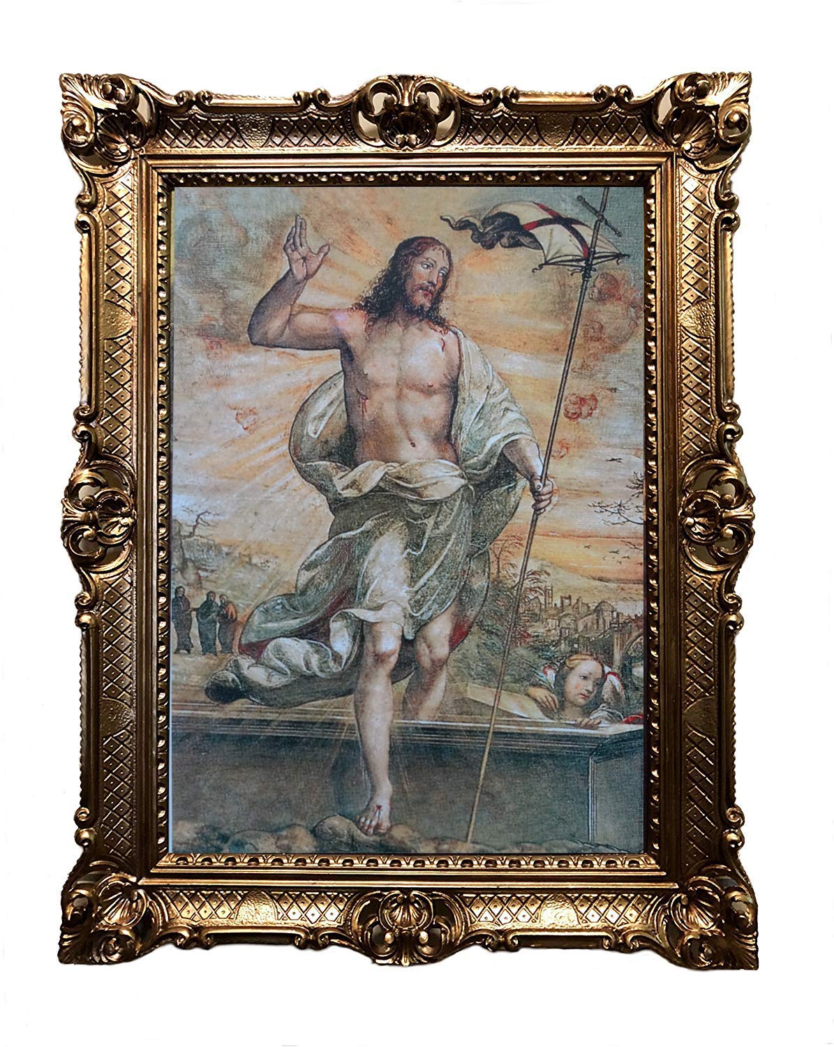 Jesus Christus Gemälde Antik Barock Rahmen Barockrahmen mit Bild Wandbild 70x90cm Kunstdrucke Gemälde Religiöse Bilder Kunst von Heiligen Heiligenbild Retro Repro für Home Büro Praxis Café 58B