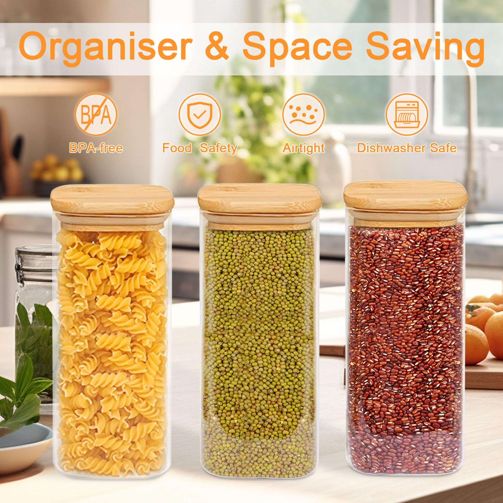 FINEW Set de 3 tarros de almacenamiento de vidrio con tapa de 2100 ml, tarros de almacenamiento cuadrados, grandes recipientes herméticos de vidrio, tarros de especias para cocina de espaguetis