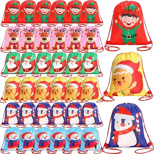 Paterr 36 mochilas de Navidad con cordón a granel, 13.3 x 16.5 pulgadas, mochila de regalo grande con cordón, bolsas de regalo de Navidad para