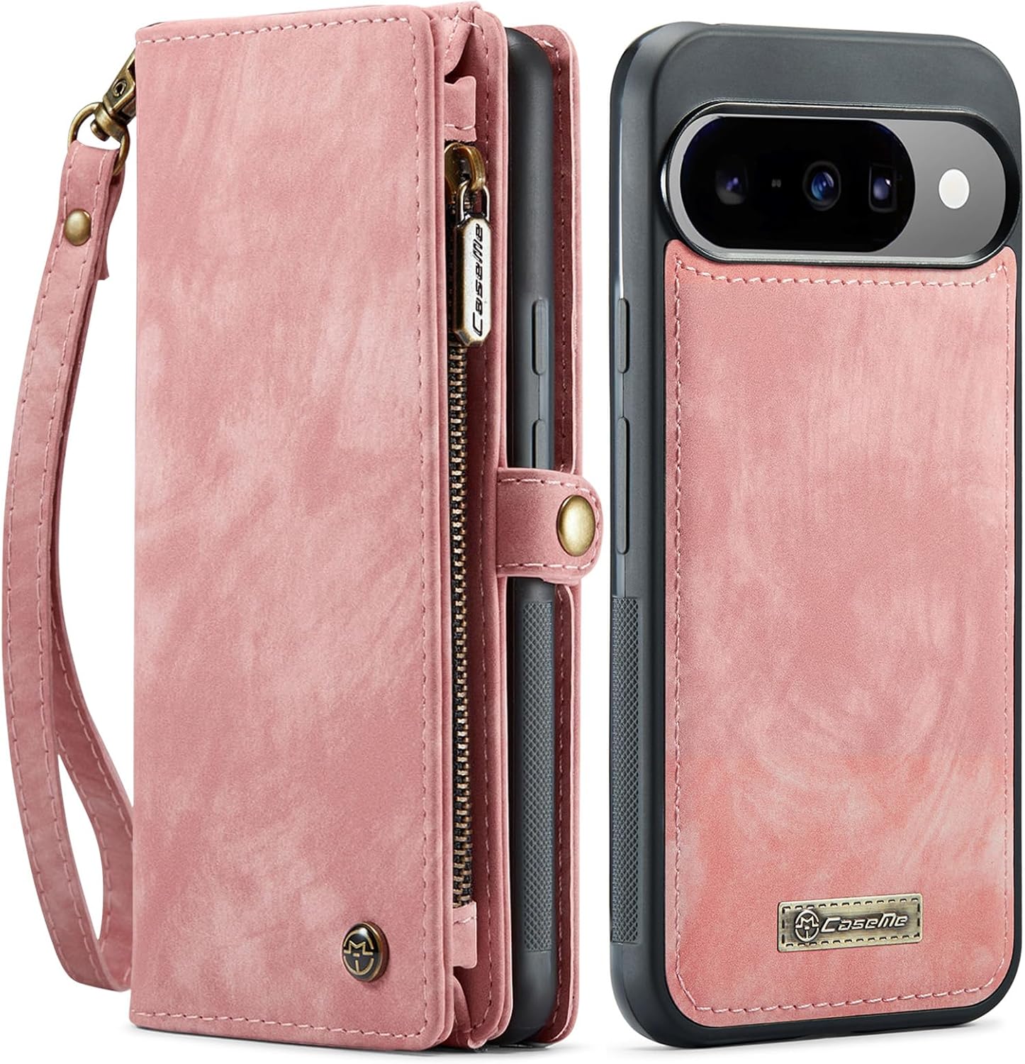 2-in-1 Magnetic Wallet Case for Google Pixel 10, Durable Leather & TPU Cover with 8 Card Slots, Zipper Purse, Detachable Wristband & Stand, Compatible with Wireless Charging, Shockproof (Pink)
