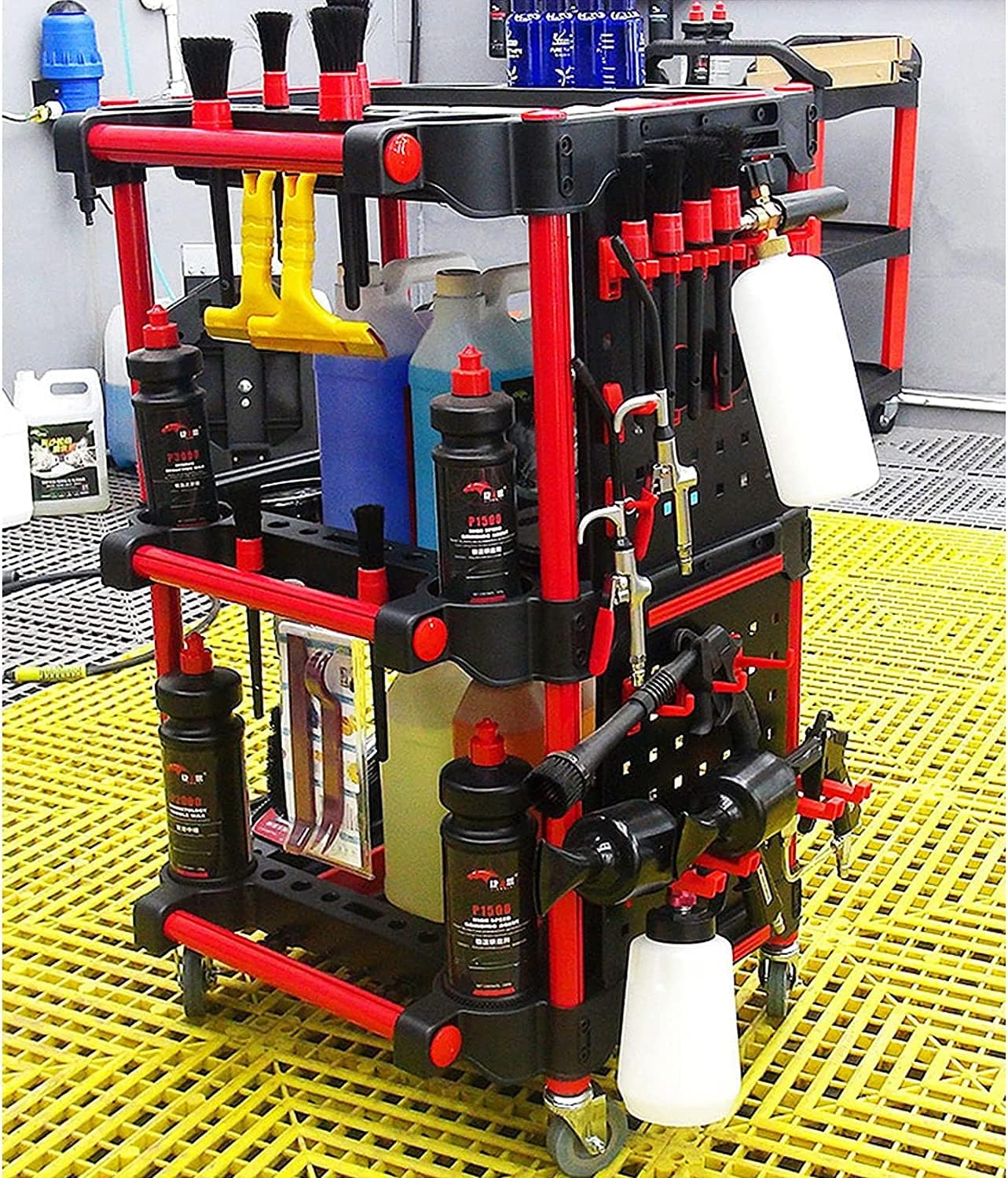 Carrito rodante de 3 niveles con placas laterales para colgar, ganchos, cepillo de limpieza y botella de spray, organizador de herramientas de lavado de coche para reparaciones y encerado