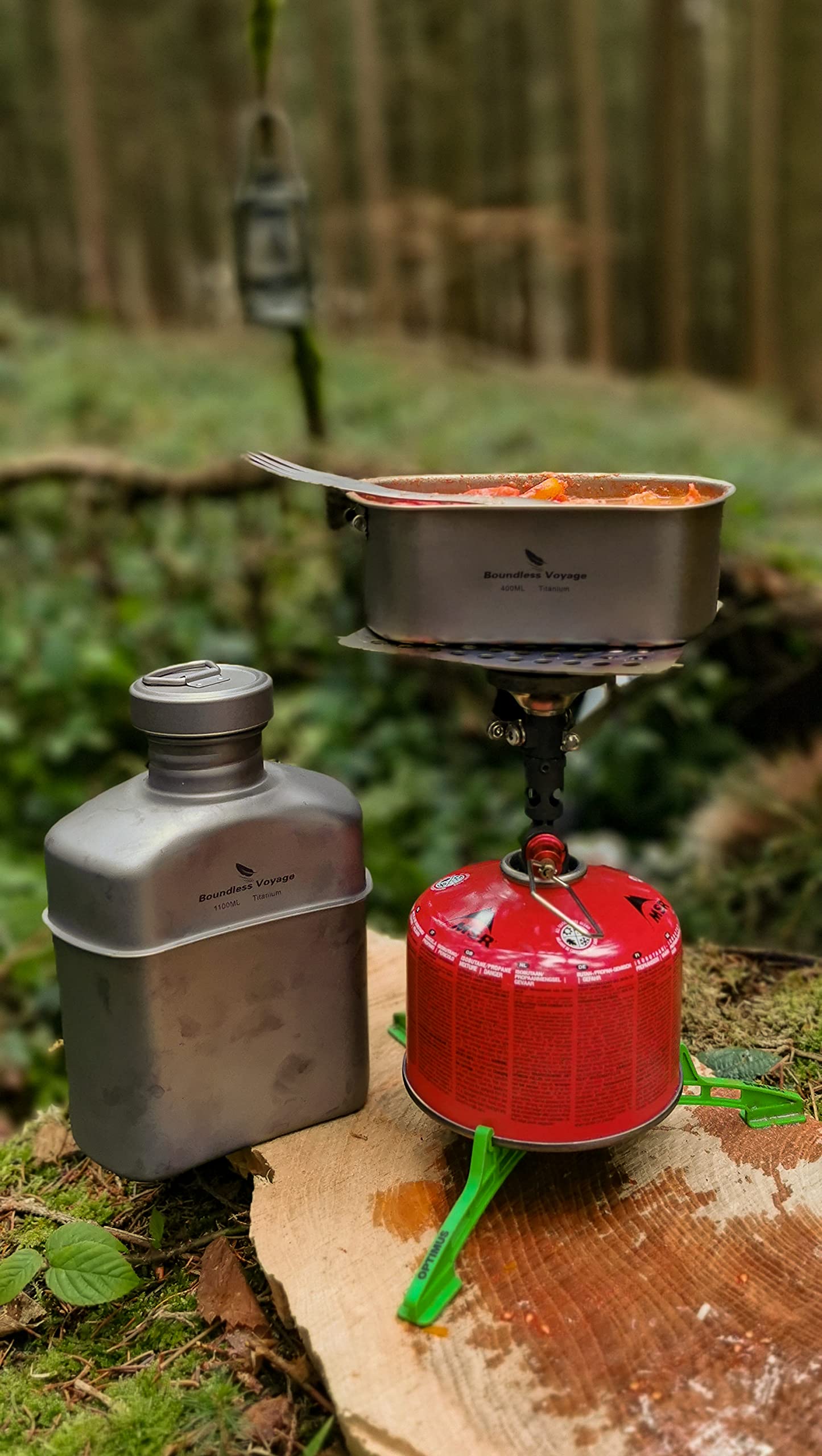 iBasingo Titan Feldflasche Set Leichtestes Militär Kochgeschirr 1100ml Trinkflasche 750ml & 400ml Topf mit Deckel, Aufgehängtes Stahlseil & Tarnbeutel Kochgeschirr für Outdoor Camping Wandern Ti2049C