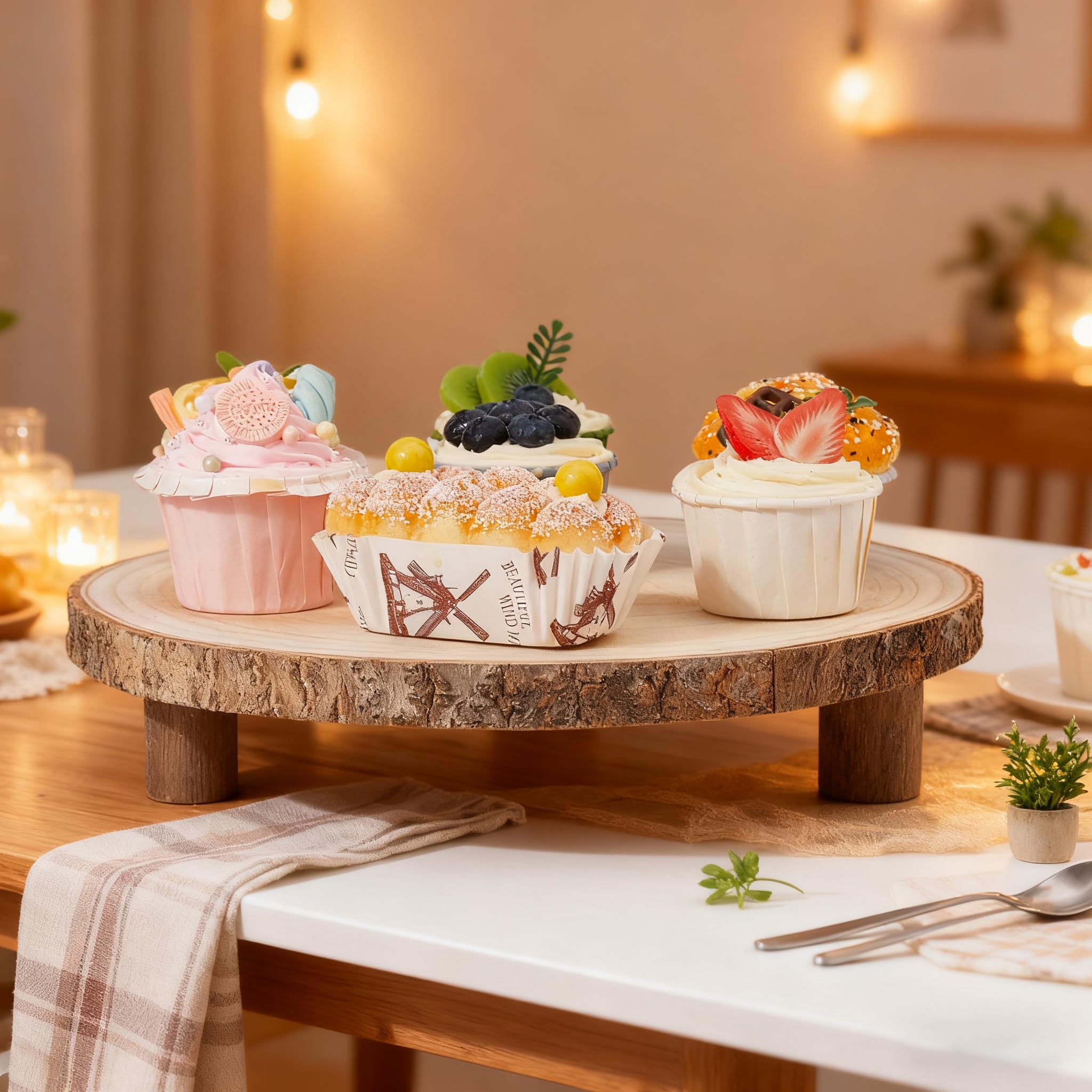 DICOSMETIC 1 Stück Holz Kuchenteller Runder Rustikaler Sockelstander 31.5x30.5x5.3 cm 1 Etage Cupcake Display Halterung Mit Holzscheibenfüßen Für Hochzeit Geburtstag Party