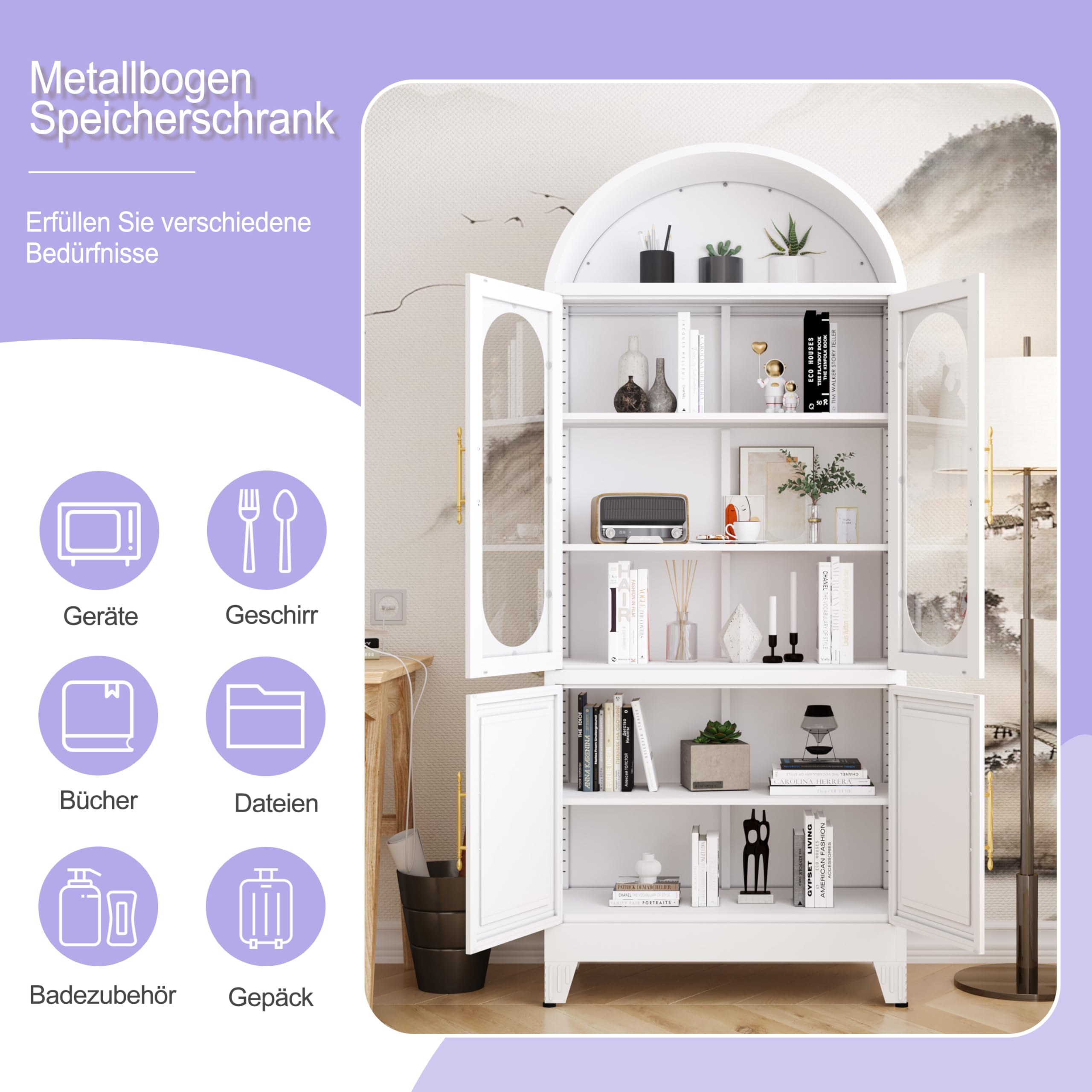 185,42 cm hoher metallener gewölbter Küchenvorratsschrank, moderner landhausstiliger Porzellanaufbewahrungs-Schrank mit Glastür und verstellbaren Regalen, vielseitiger Schrank für Küche(weiß)